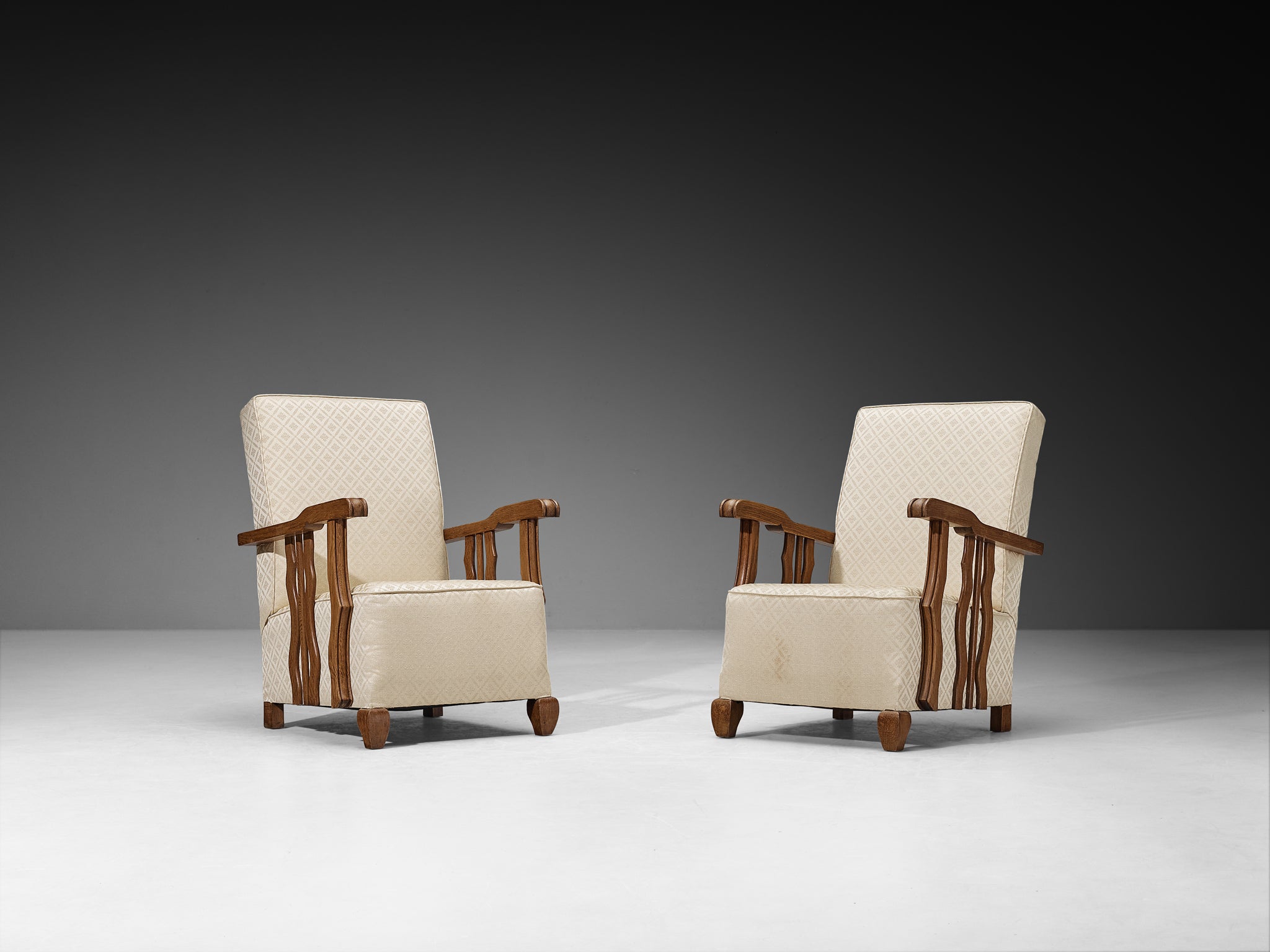 Art Deco Lounge Chairs with Sculptural Oak Wood Arms