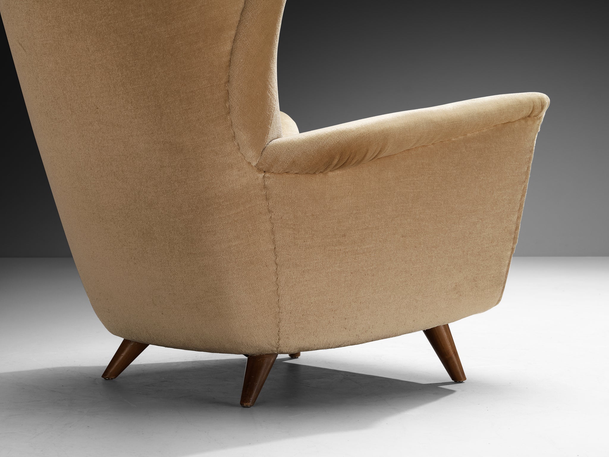 Mid-Century Modern Wingback Chair in Cherry Wood and Beige Fabric 1950s Seating Morentz