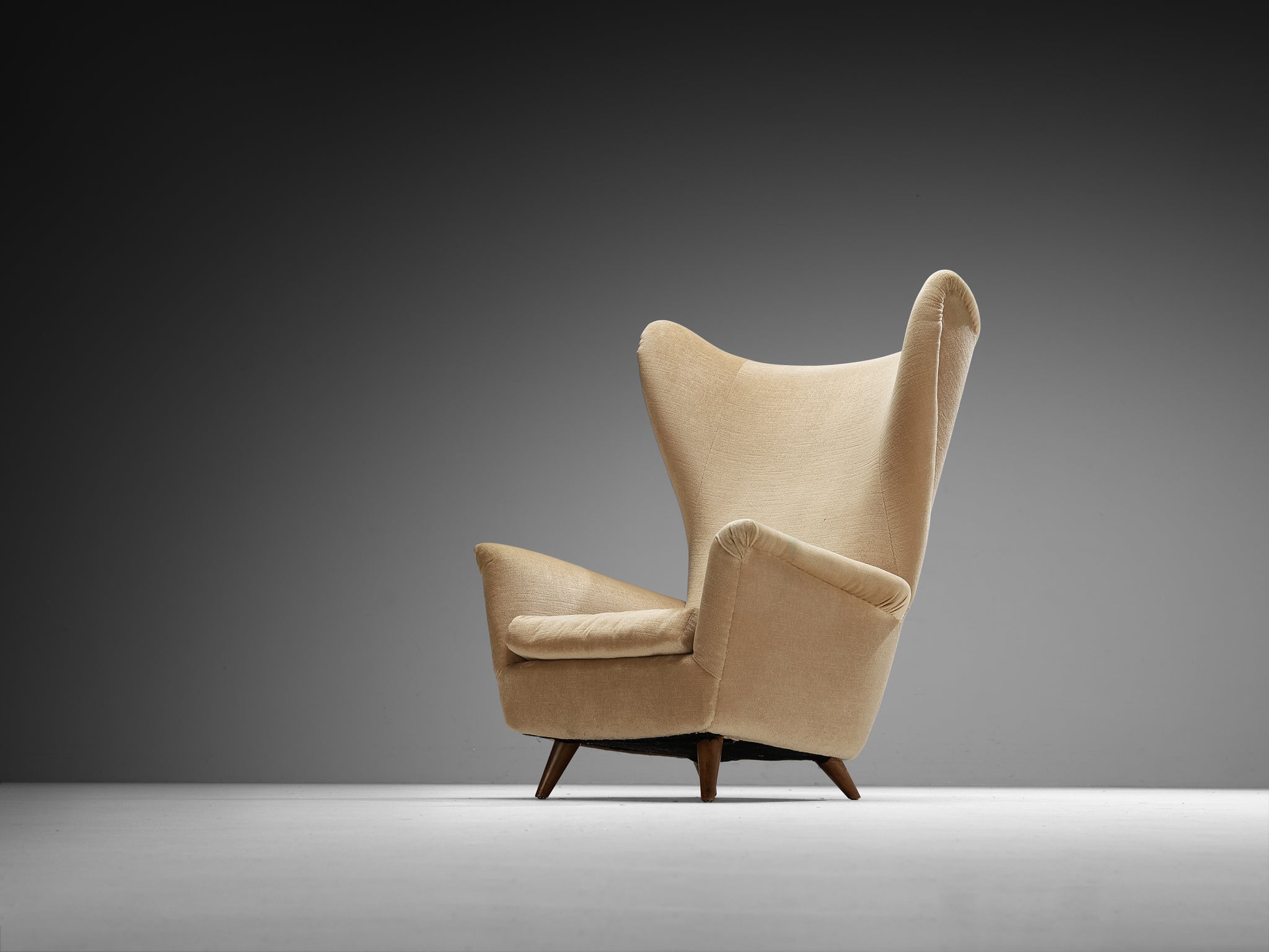 Mid-Century Modern Wingback Chair in Cherry Wood and Beige Fabric 1950s Seating Morentz