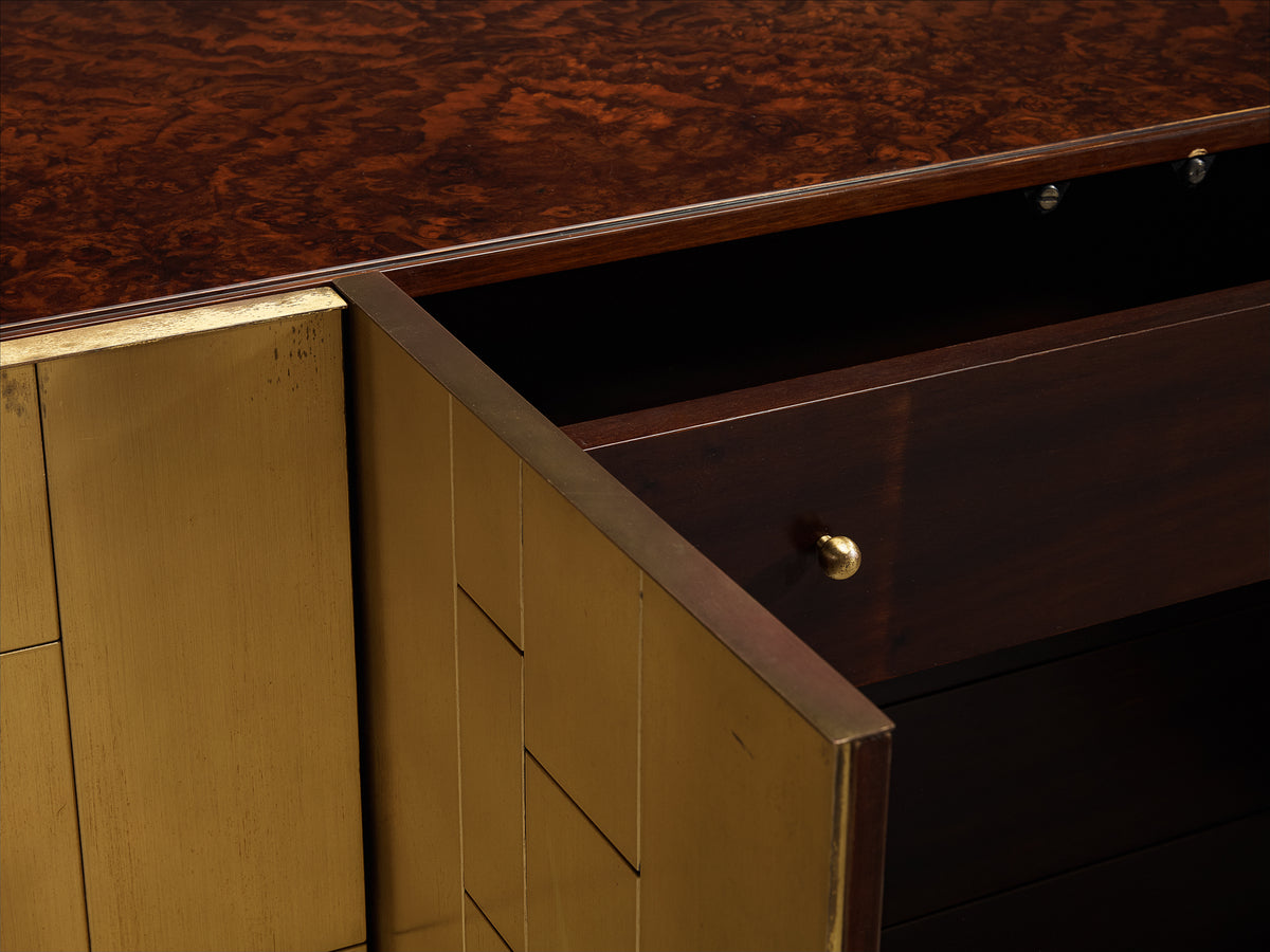 Luciano Frigerio 'Louis' Sidebooard in Satin Brass and Walnut Burl Case pieces and storage cabinets Morentz