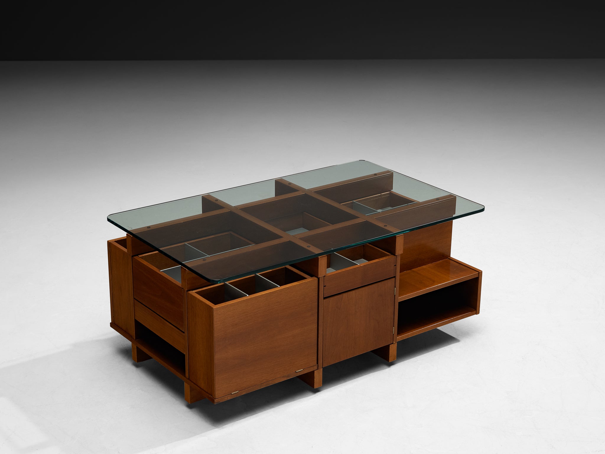 1970s Italian Assymetrical Grid Coffee Table in Walnut and Glass Tables Morentz