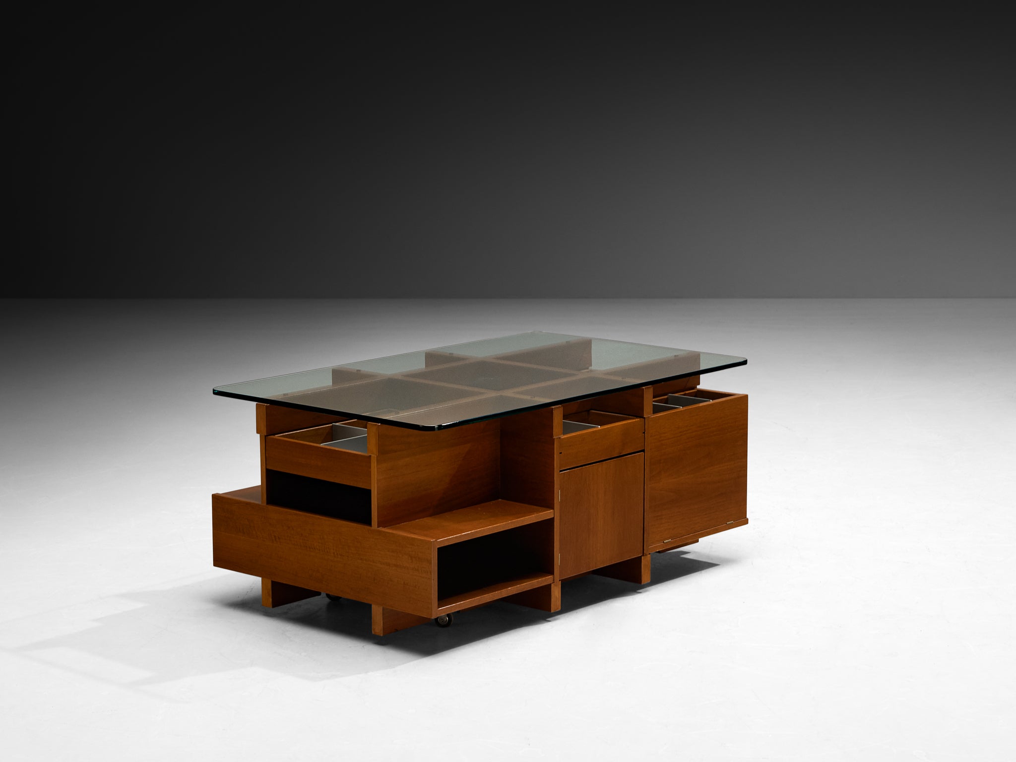 1970s Italian Assymetrical Grid Coffee Table in Walnut and Glass Tables Morentz