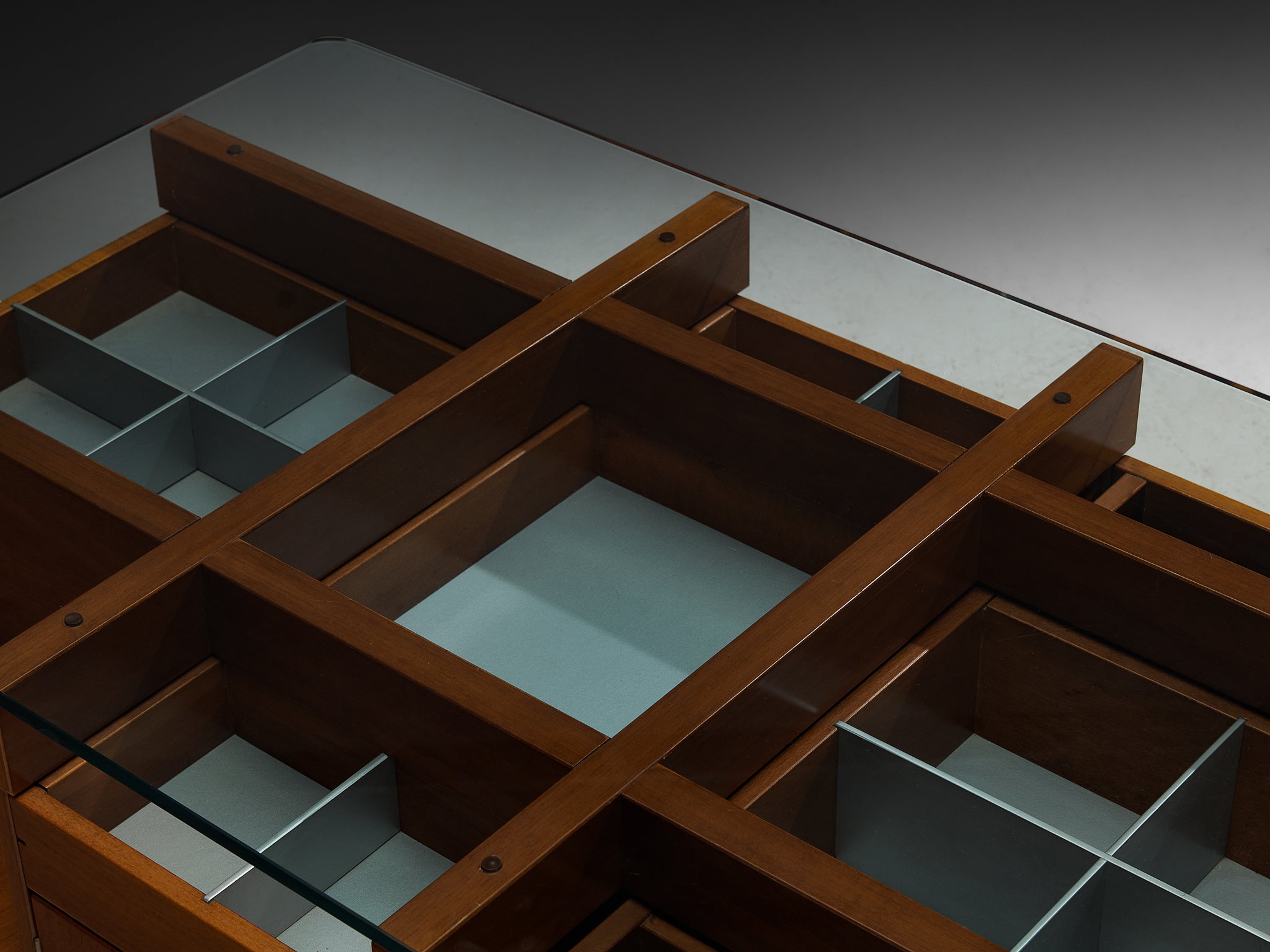 1970s Italian Assymetrical Grid Coffee Table in Walnut and Glass Tables Morentz