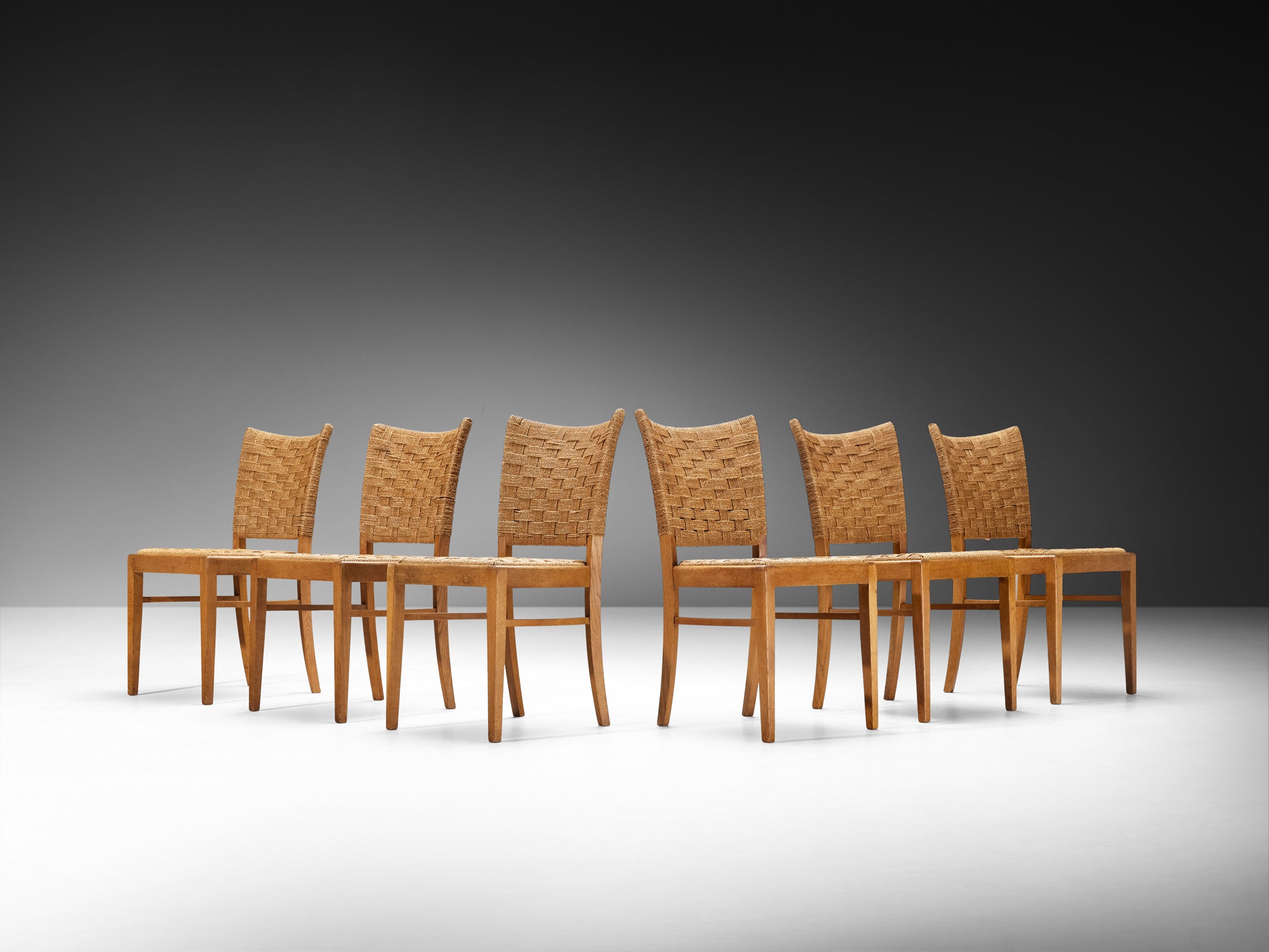 Set of Six French Rustic Dining Chairs in Woven Rush and Oak Seating Morentz