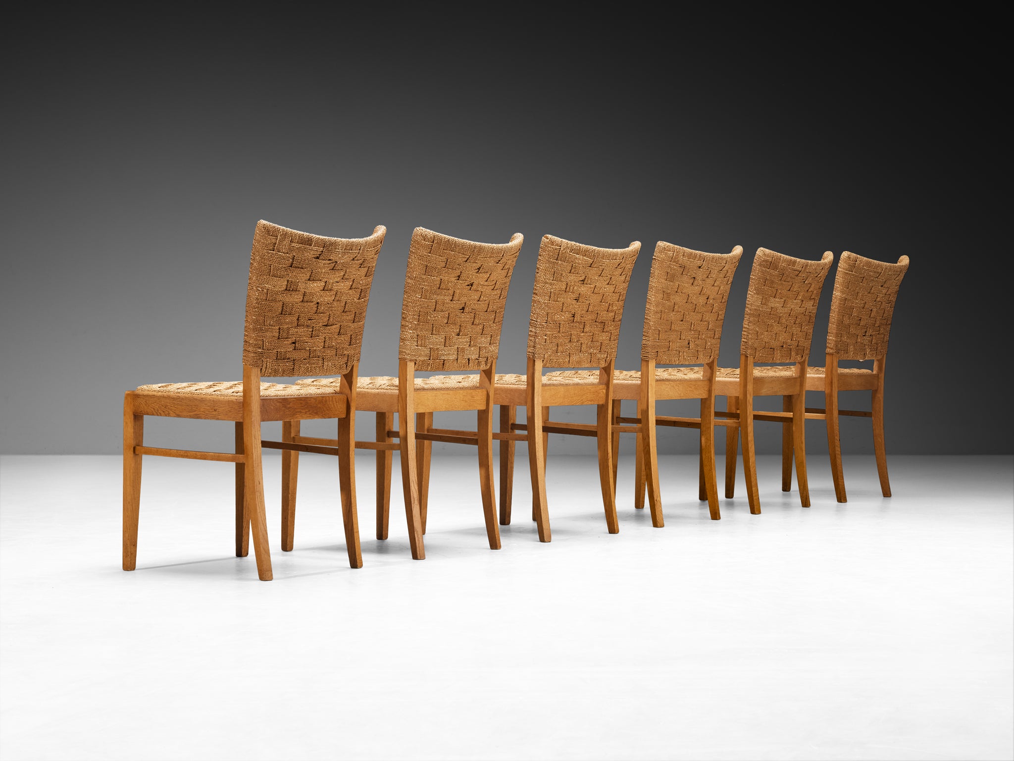Set of Six French Rustic Dining Chairs in Woven Rush and Oak Seating Morentz