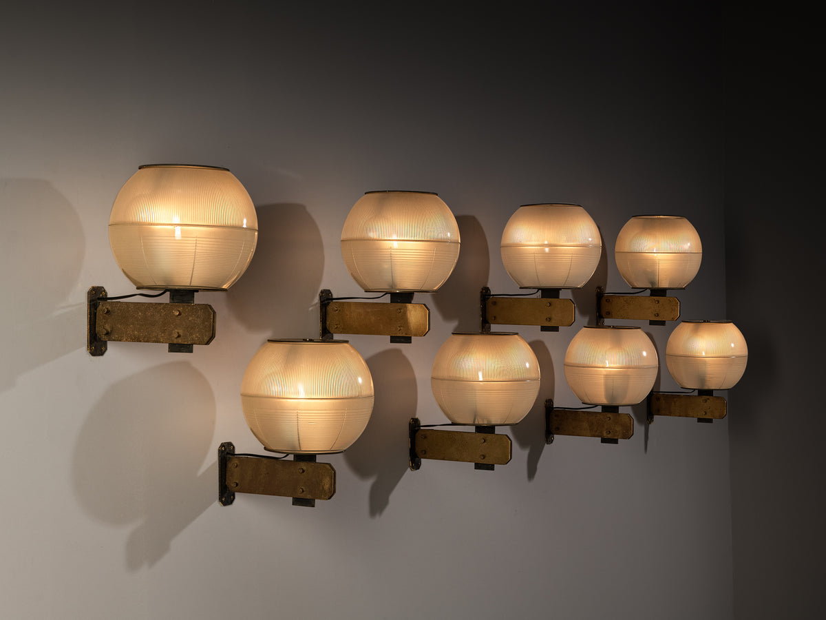 Exceptional Ignazio Gardella for Greco Illuminazione 'Feltre' Set of Eight Wall Lights in Brass Steel and Glass