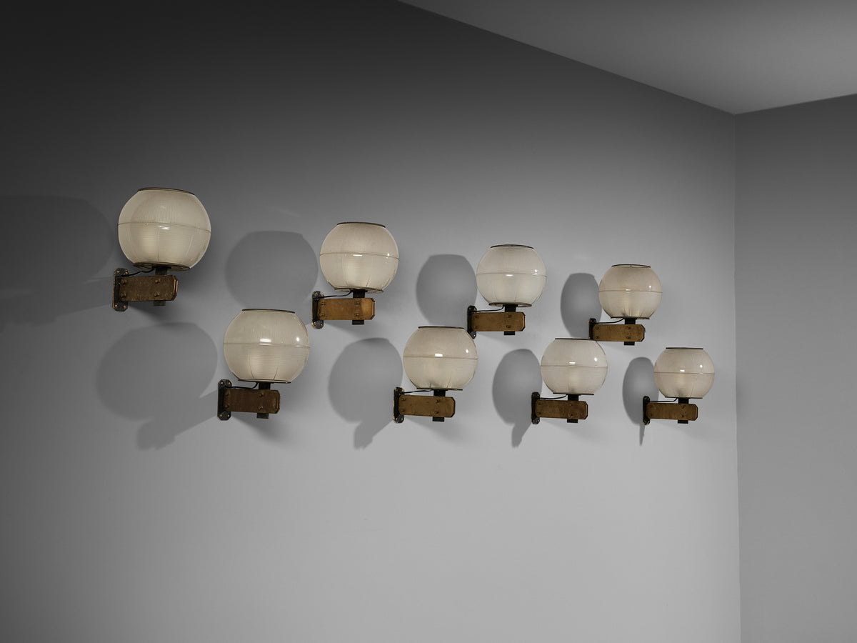 Exceptional Ignazio Gardella for Greco Illuminazione 'Feltre' Set of Eight Wall Lights in Brass Steel and Glass