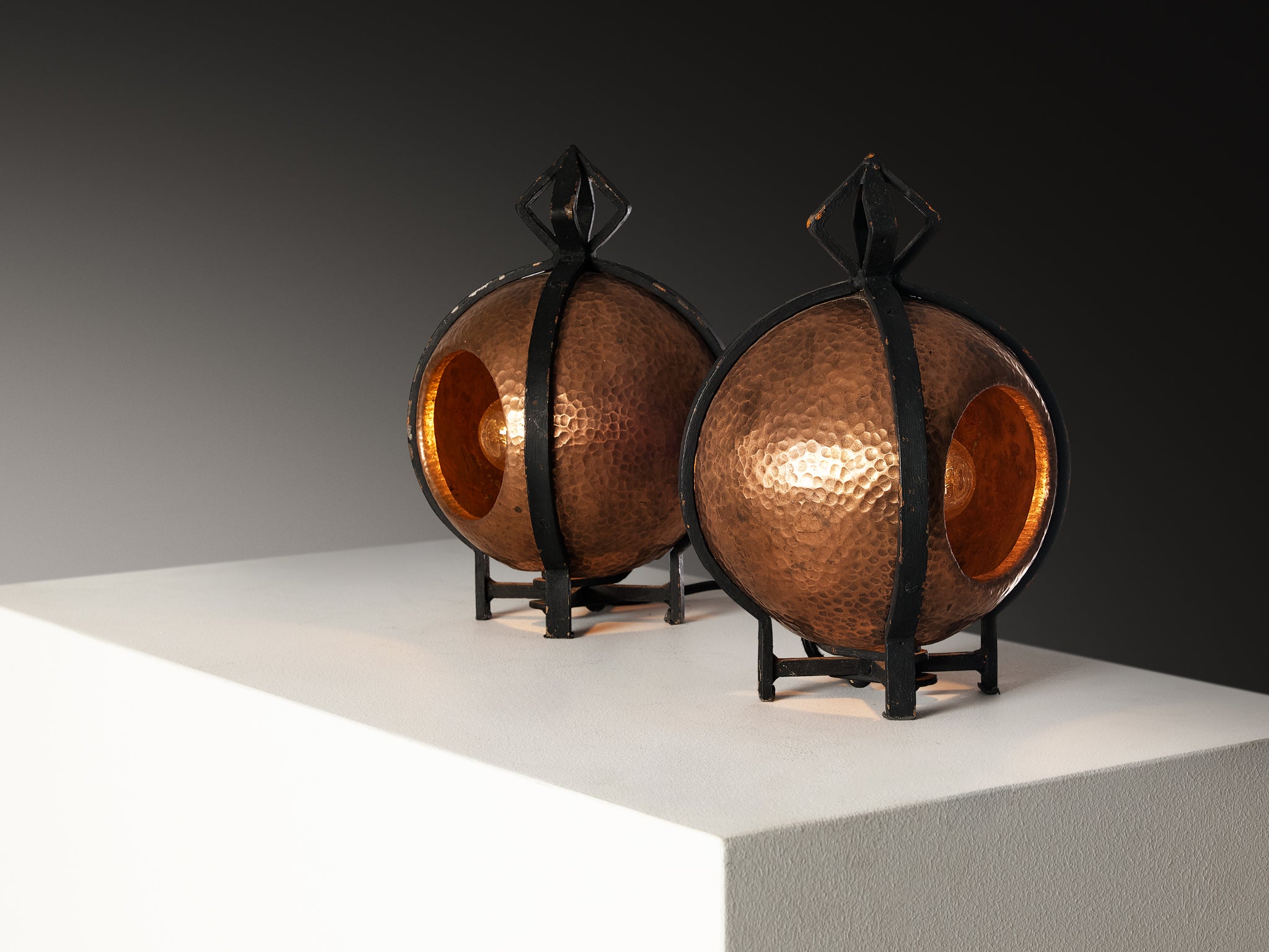 Pair of Mid-Century Table Lamps in Hammered Copper 1950s Lighting Morentz