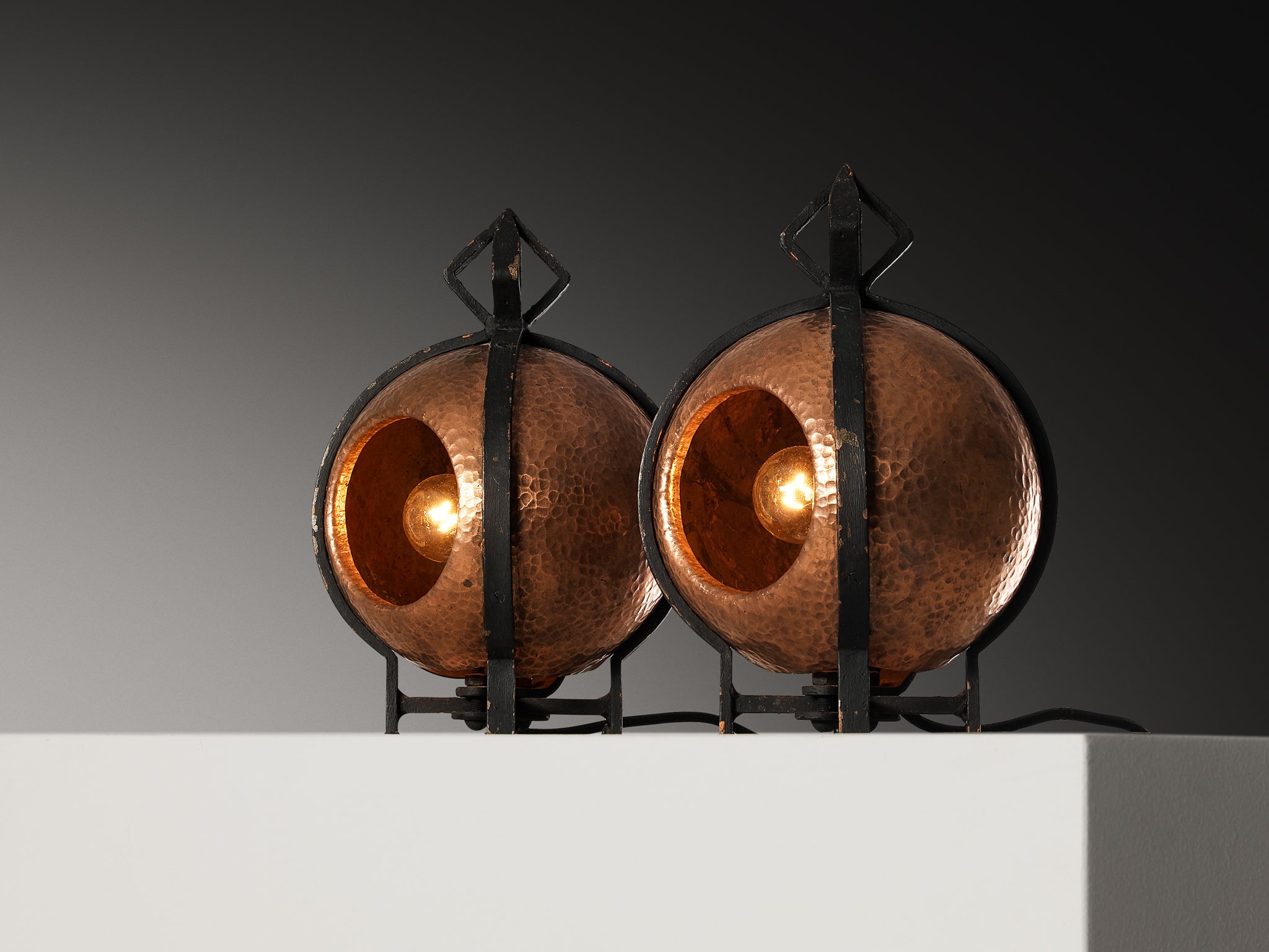 Pair of Mid-Century Table Lamps in Hammered Copper 1950s Lighting Morentz