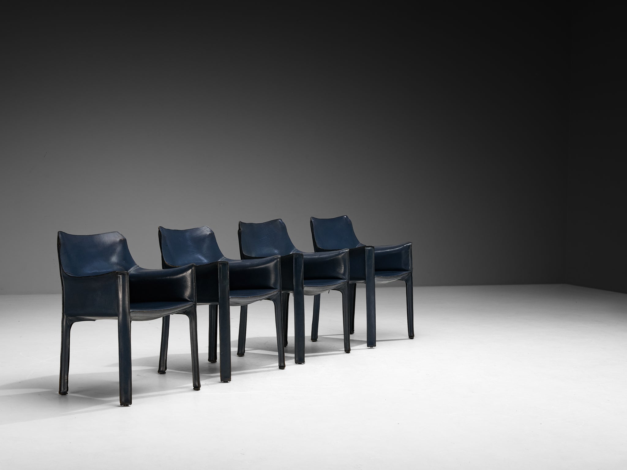 Mario Bellini Set of Four 'CAB 413' Dining Chairs in Unusual Dark Blue Leather Seating Morentz