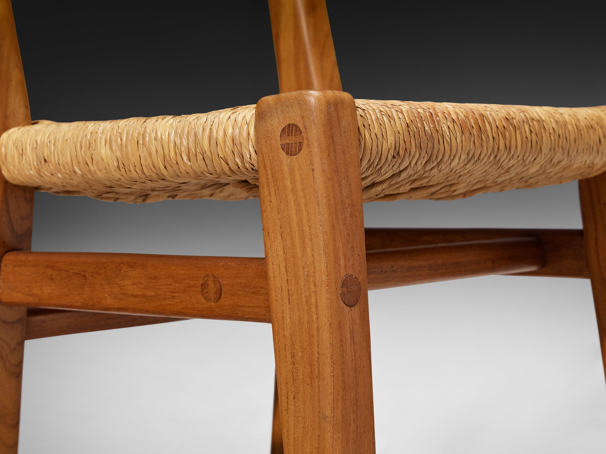 Set of Six 1950s French Rustic Dining Chairs in Solid Elm, Rush by Cabinetmaker Seating Morentz