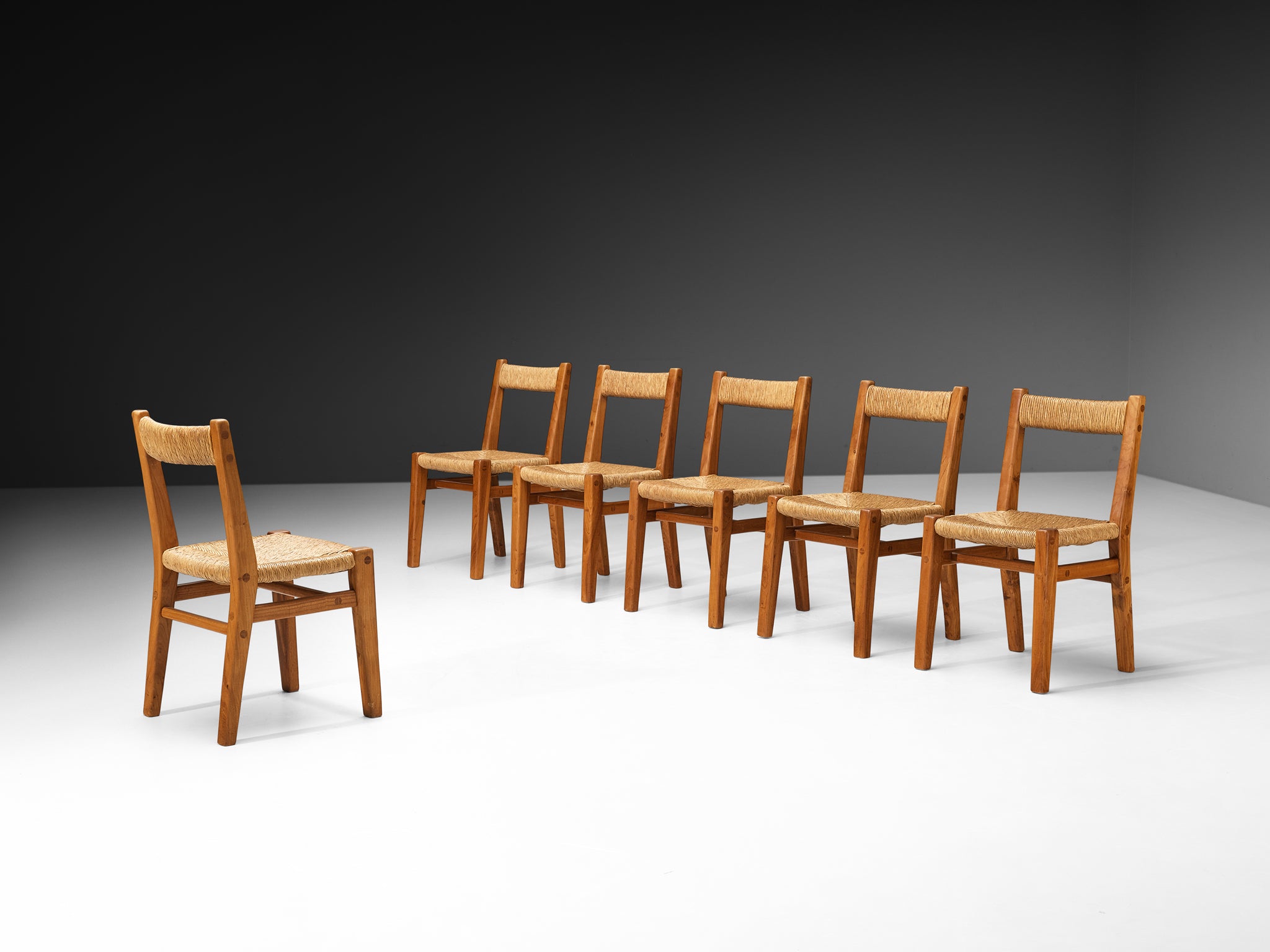 Set of Six 1950s French Rustic Dining Chairs in Solid Elm, Rush by Cabinetmaker Seating Morentz