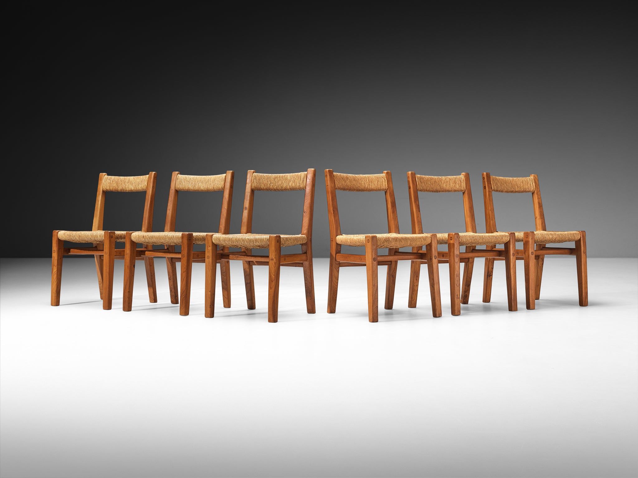 Set of Six 1950s French Rustic Dining Chairs in Solid Elm, Rush by Cabinetmaker Seating Morentz