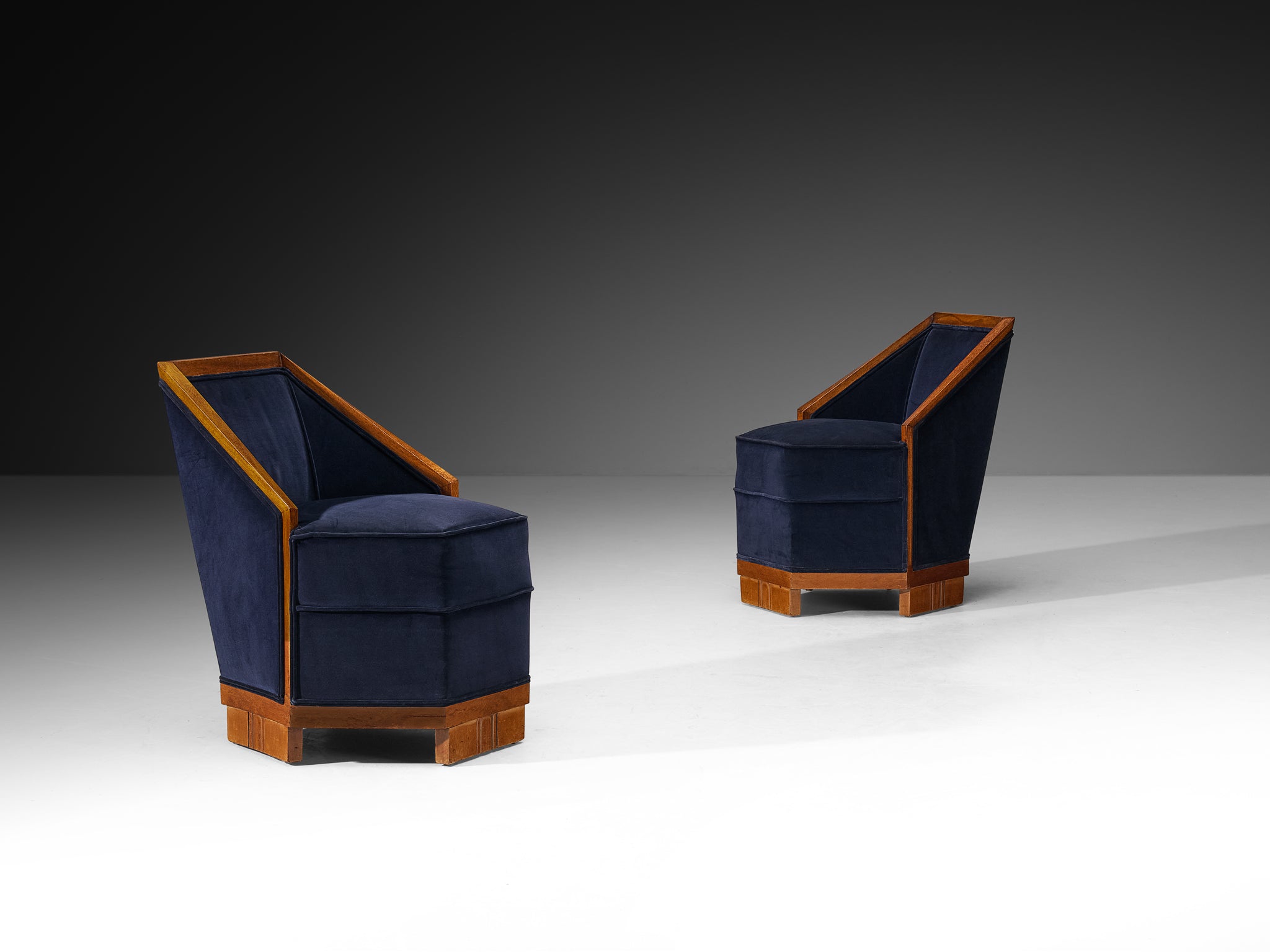 Exceptional Pair of French Art Deco Lounge Chairs in Mahogany and Dark Blue Velvet Seating Morentz