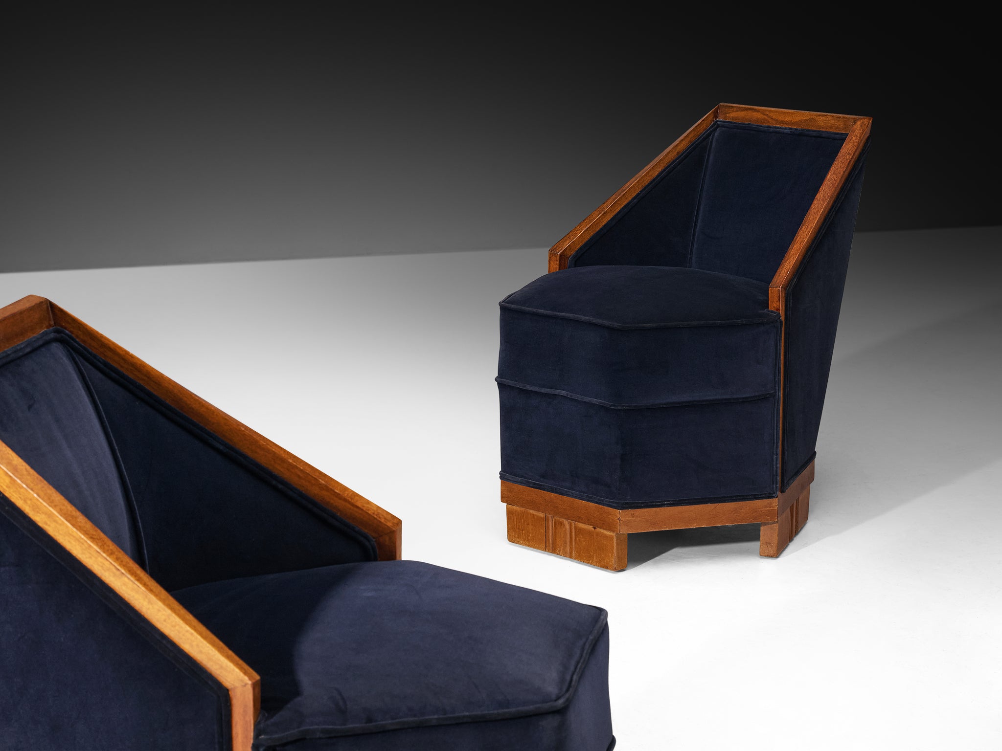 Exceptional Pair of French Art Deco Lounge Chairs in Mahogany and Dark Blue Velvet Seating Morentz