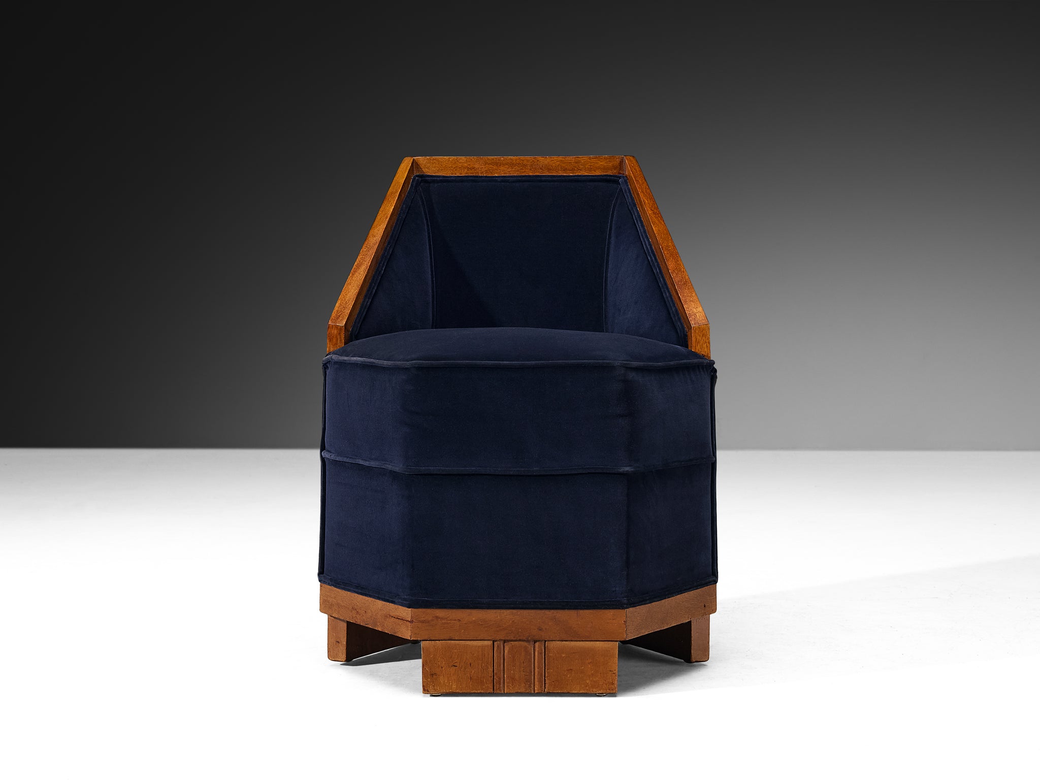Exceptional Pair of French Art Deco Lounge Chairs in Mahogany and Dark Blue Velvet Seating Morentz