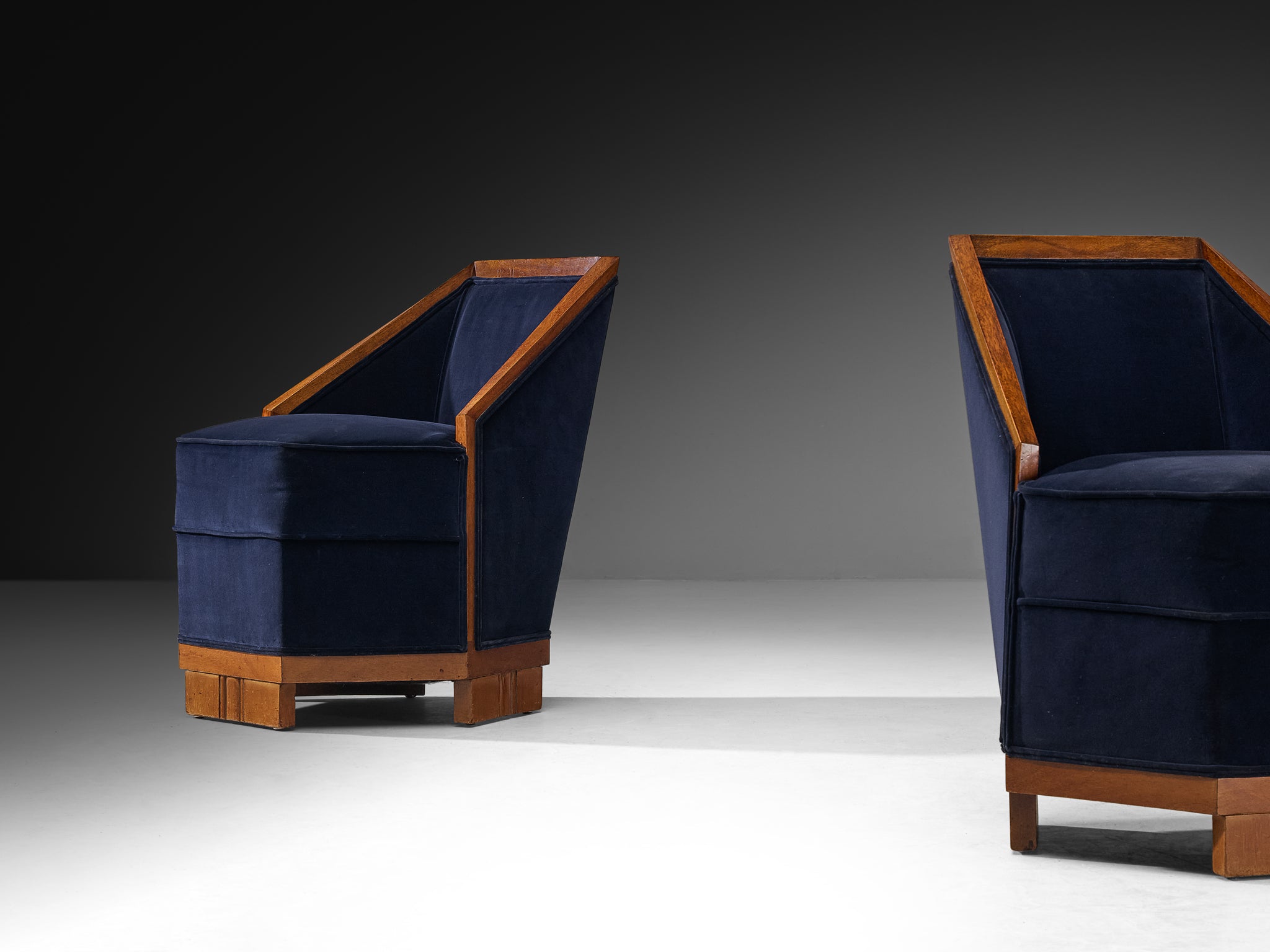 Exceptional Pair of French Art Deco Lounge Chairs in Mahogany and Dark Blue Velvet Seating Morentz