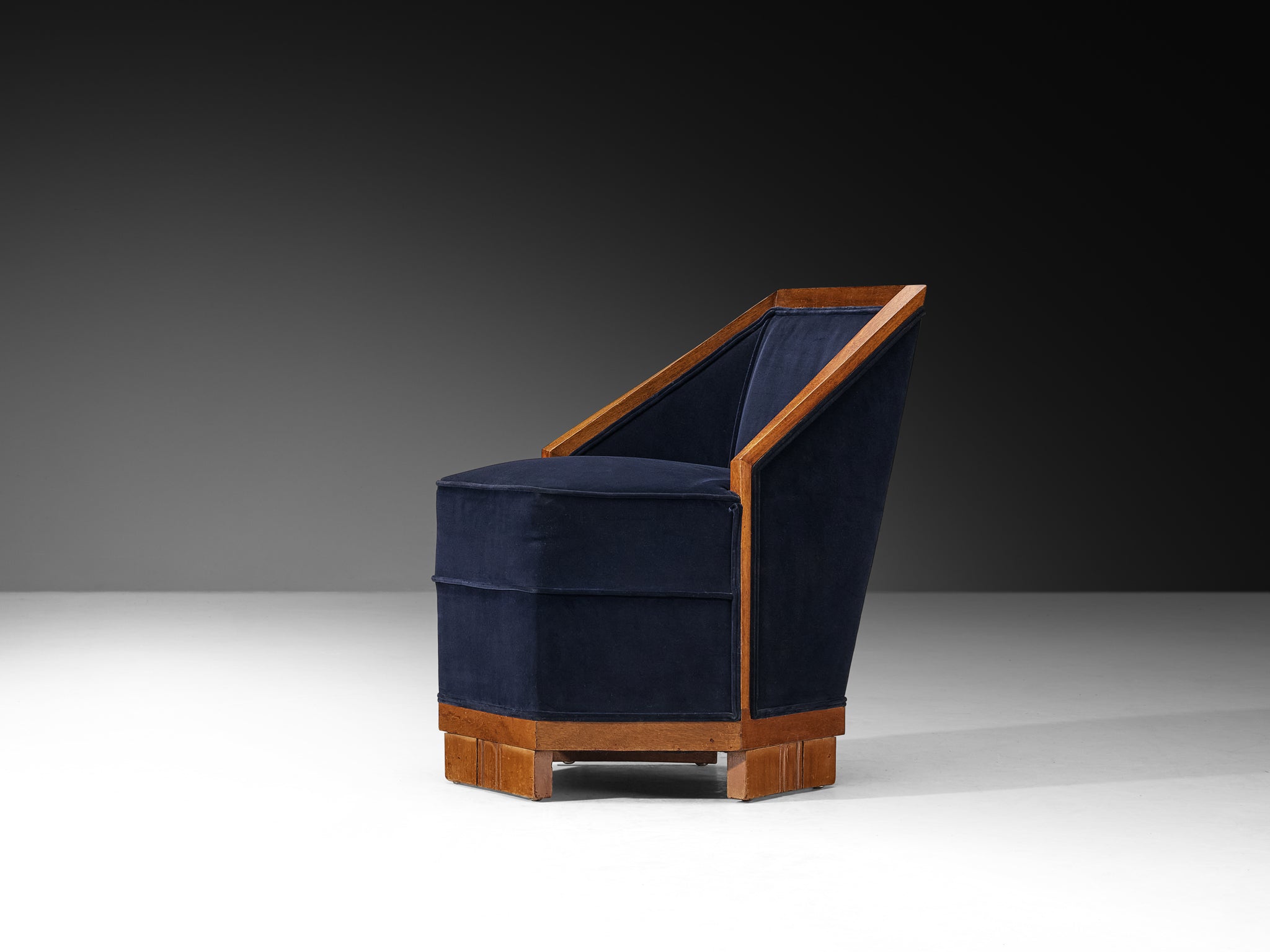 Exceptional Pair of French Art Deco Lounge Chairs in Mahogany and Dark Blue Velvet Seating Morentz