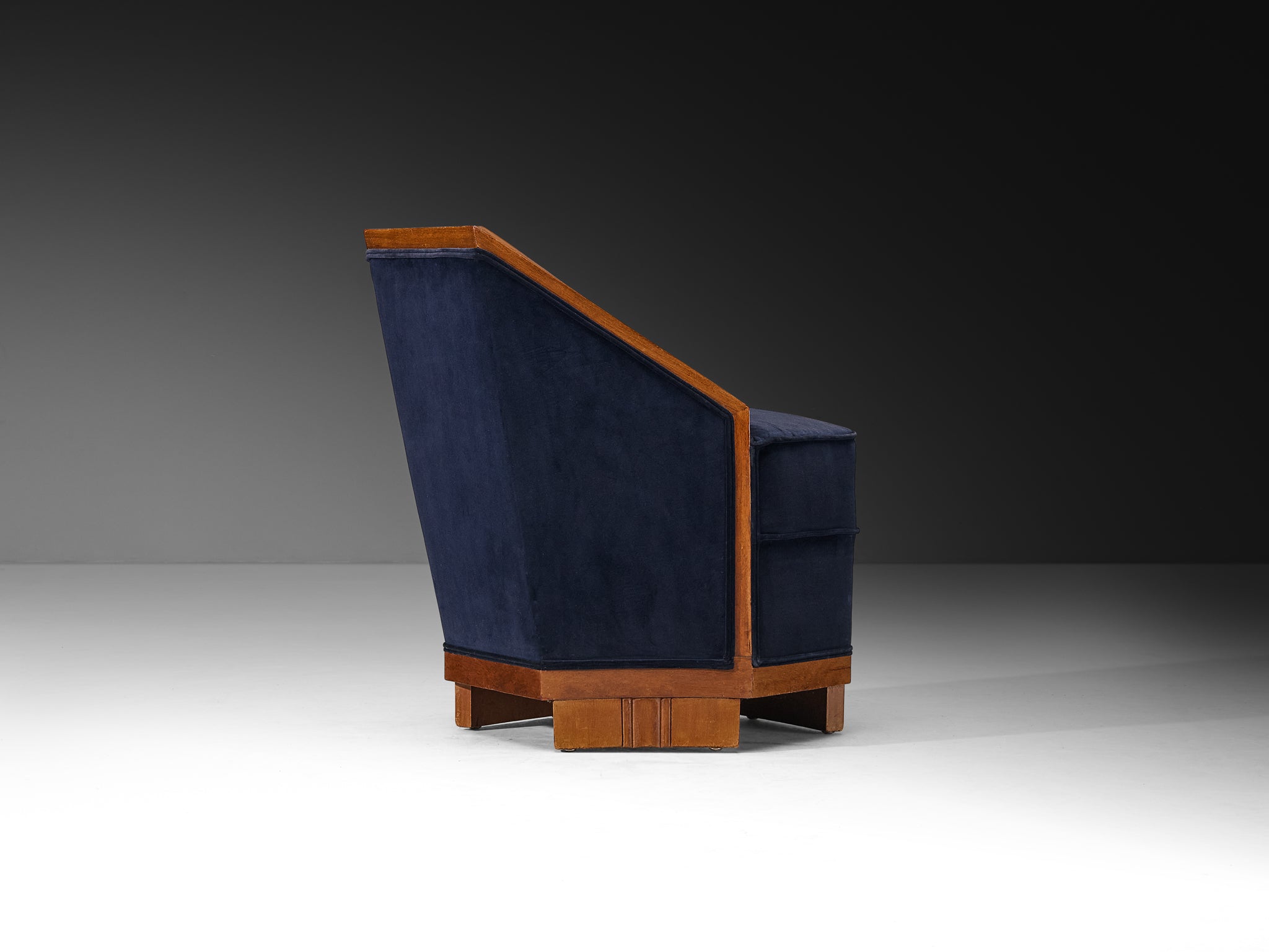 Exceptional Pair of French Art Deco Lounge Chairs in Mahogany and Dark Blue Velvet Seating Morentz