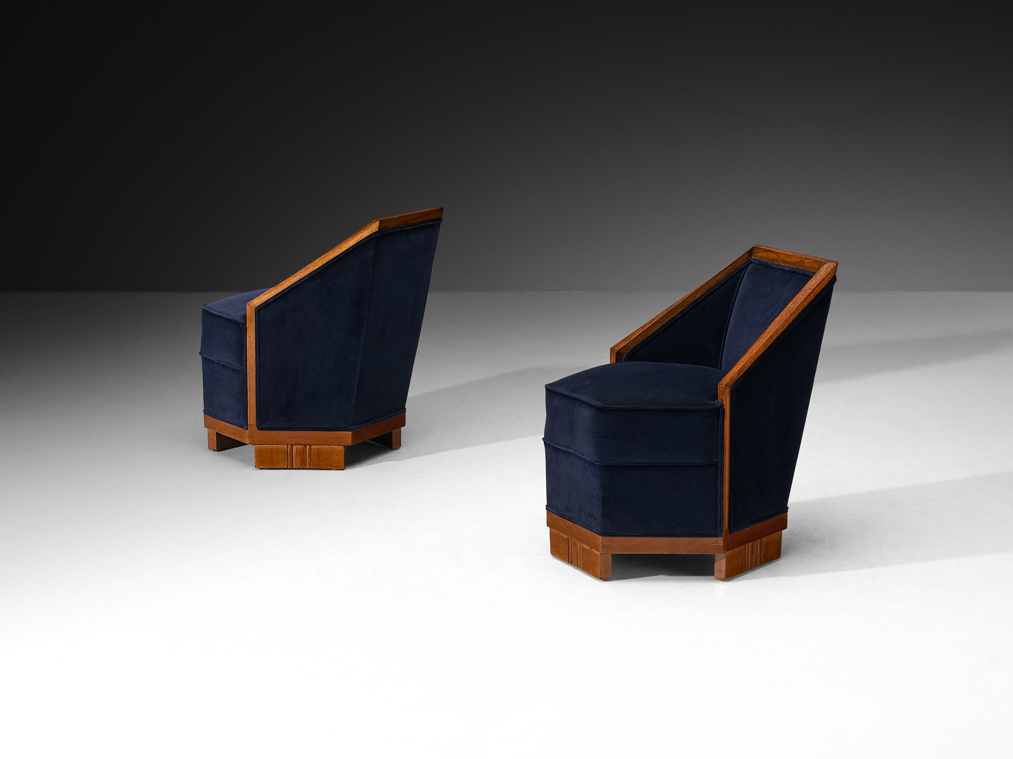Exceptional Pair of French Art Deco Lounge Chairs in Mahogany and Dark Blue Velvet Seating Morentz