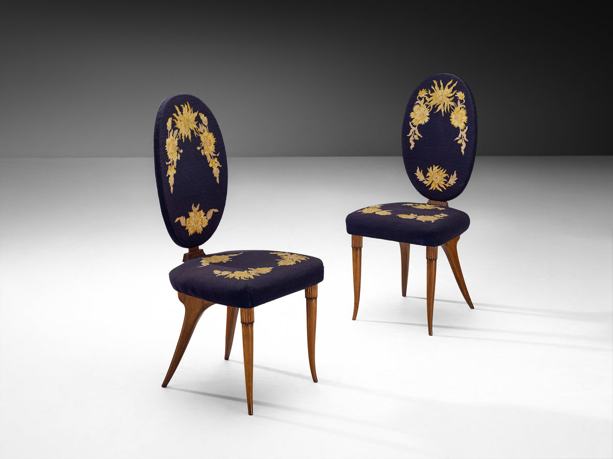 Italian Colli Arredamenti Set of Six Dining Chairs in Walnut, Original Fabric Seating Morentz