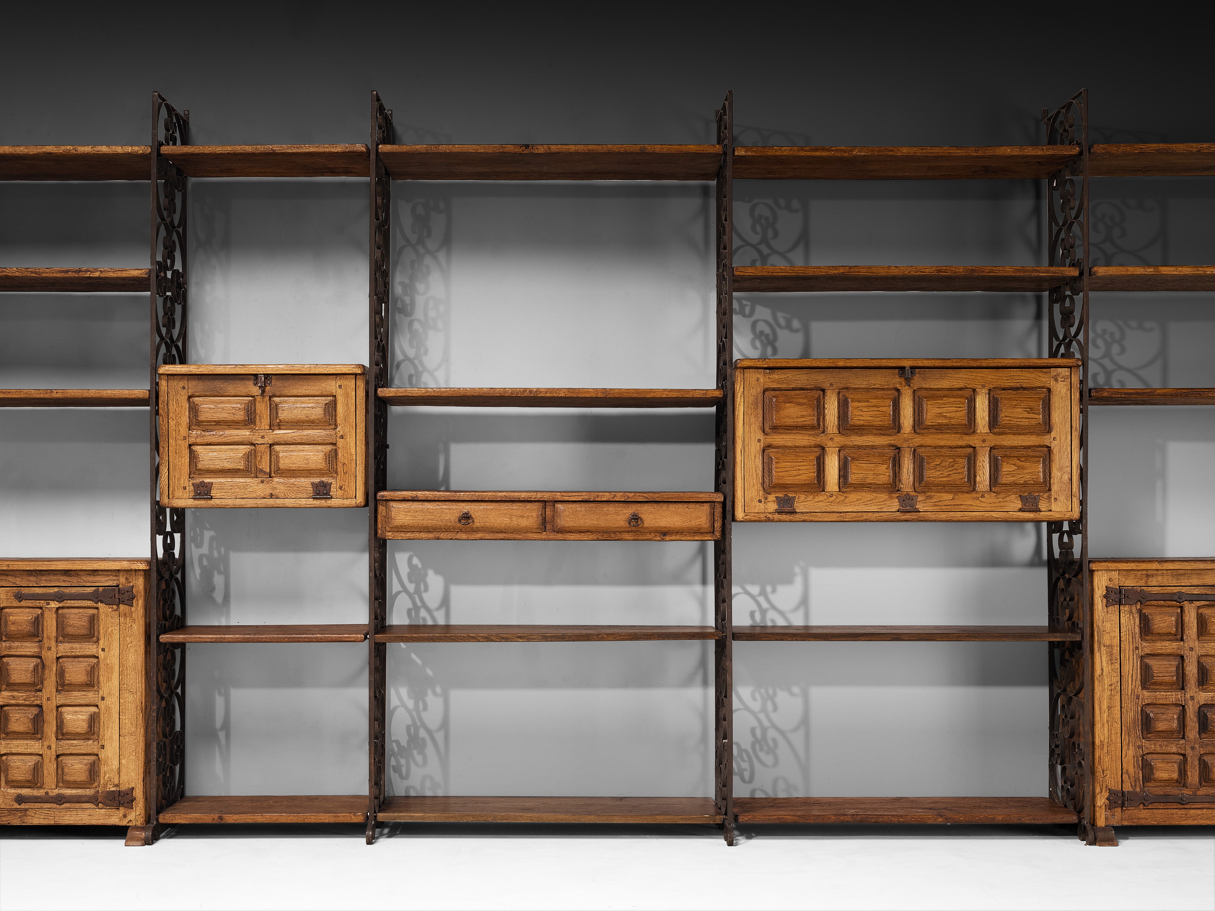Grand Spanish Brutalist Style Wall Unit in Oak and Wrought Iron 578cm/227.56in.