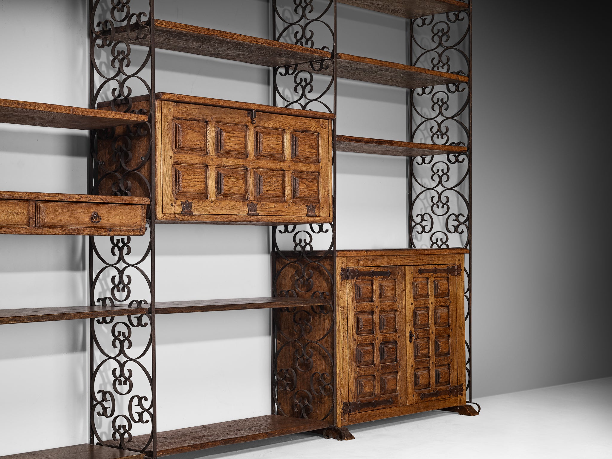 Grand Spanish Brutalist Style Wall Unit in Oak and Wrought Iron 578cm/227.56in.