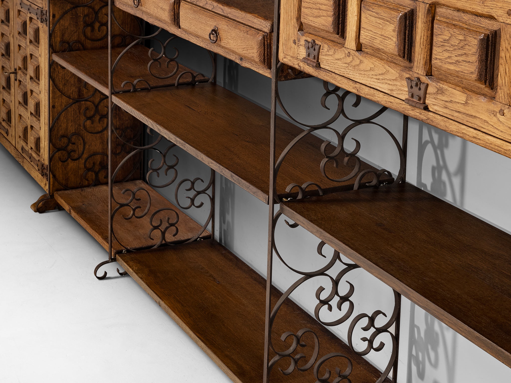 Grand Spanish Brutalist Style Wall Unit in Oak and Wrought Iron 578cm/227.56in.