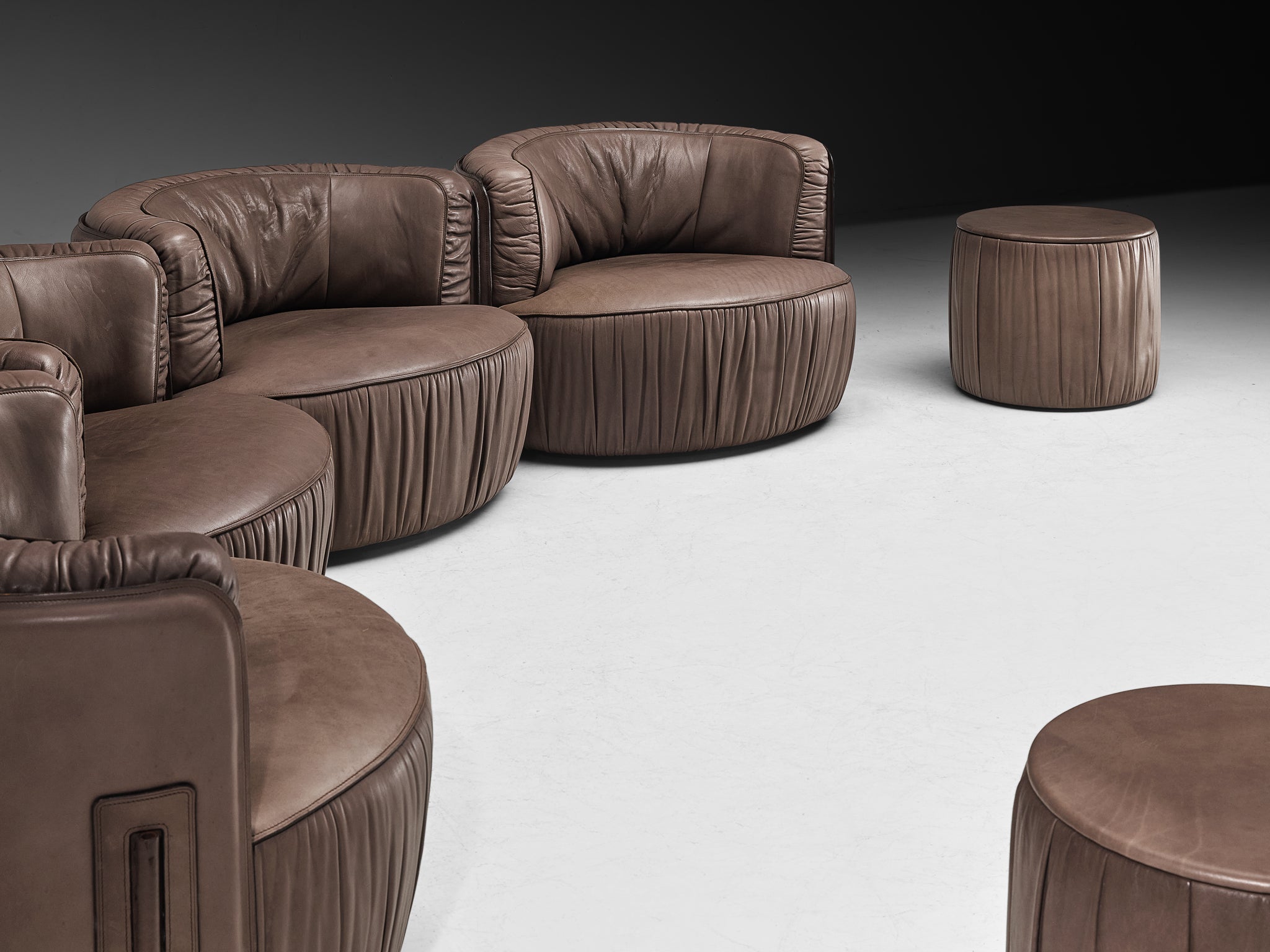 Swiss Postmodern Modular Lounge Set in Taupe Leather and Ottomans Seating Morentz