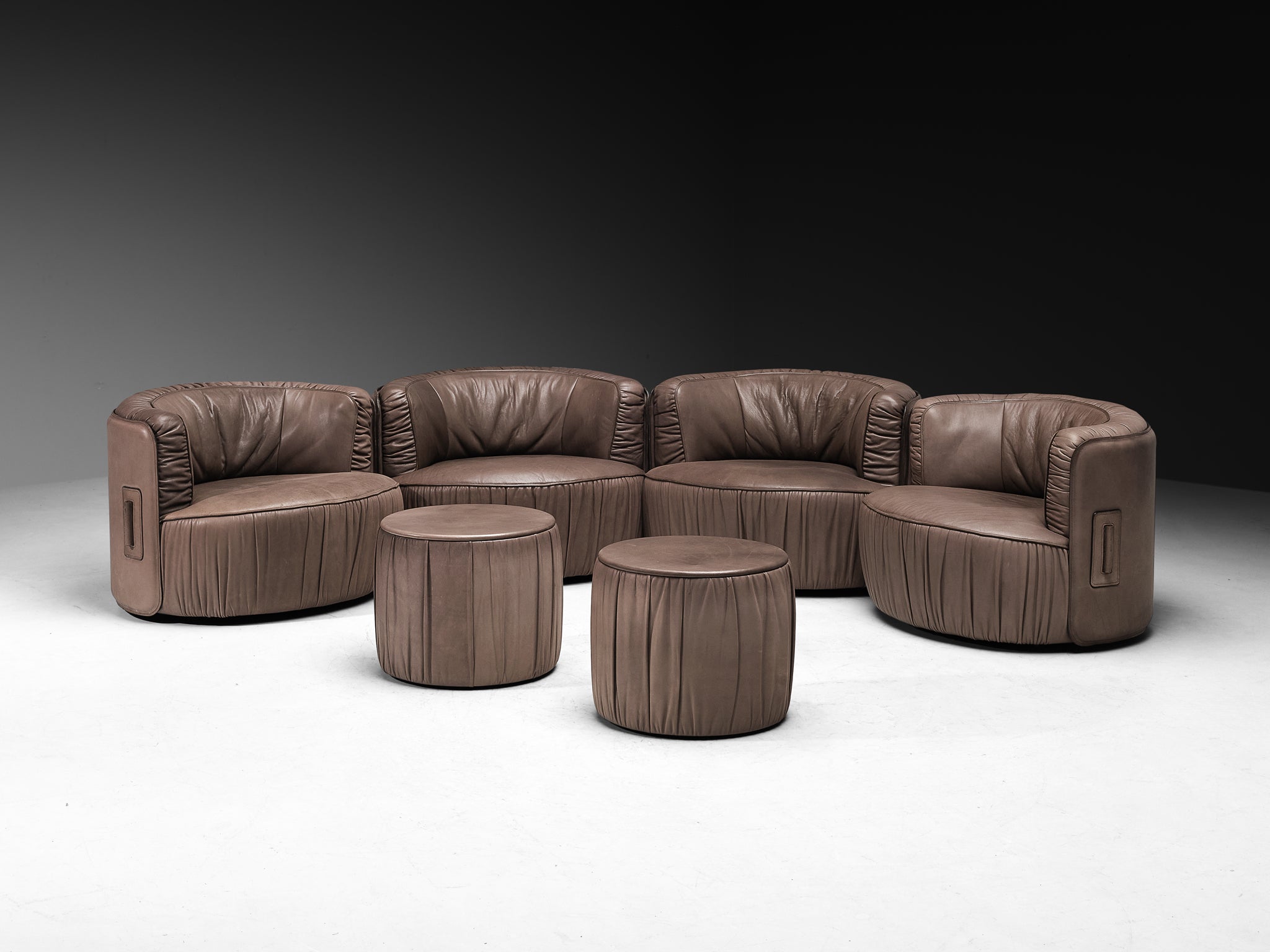 Swiss Postmodern Modular Lounge Set in Taupe Leather and Ottomans Seating Morentz