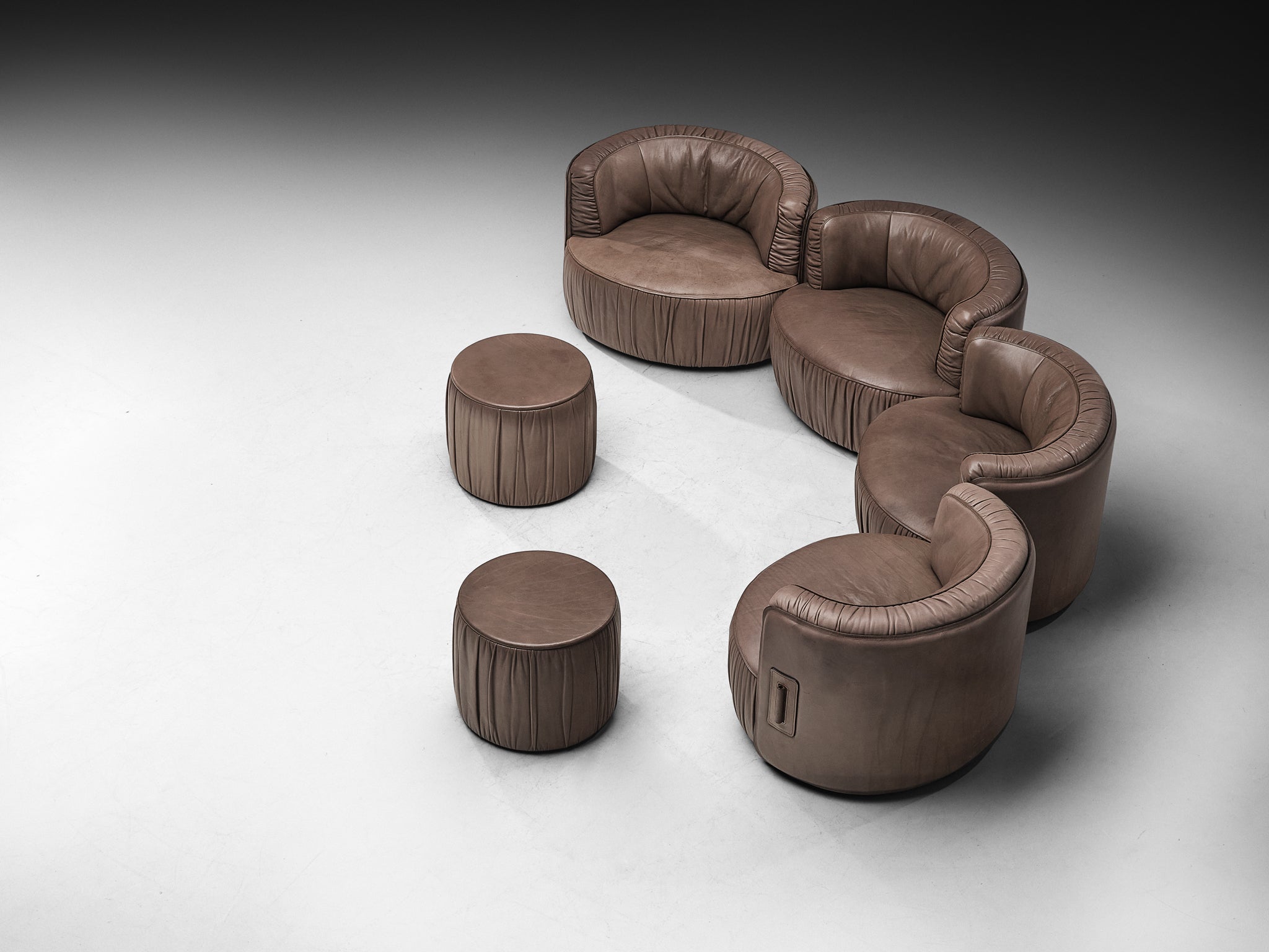 Swiss Postmodern Modular Lounge Set in Taupe Leather and Ottomans Seating Morentz
