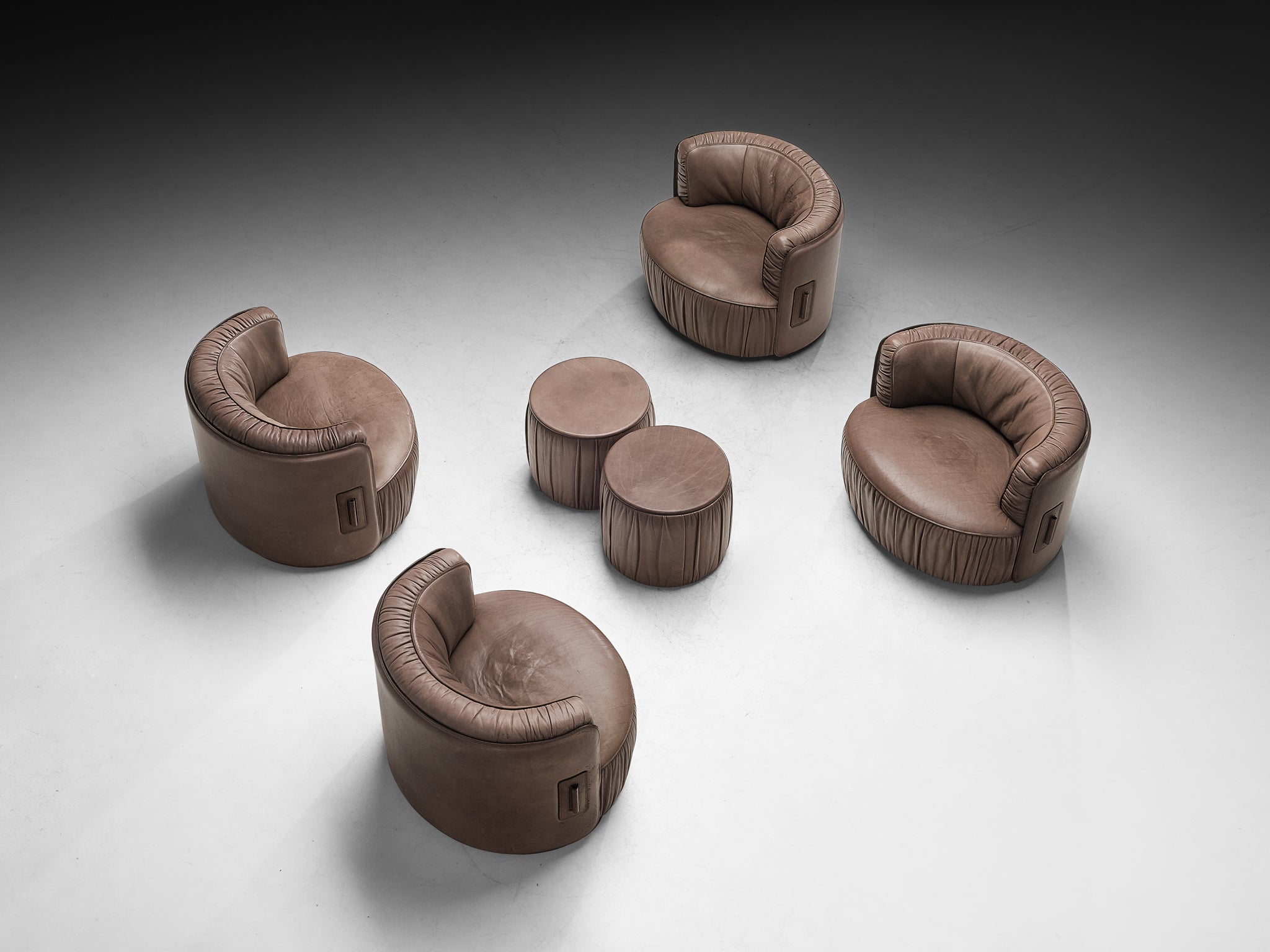 Swiss Postmodern Modular Lounge Set in Taupe Leather and Ottomans Seating Morentz