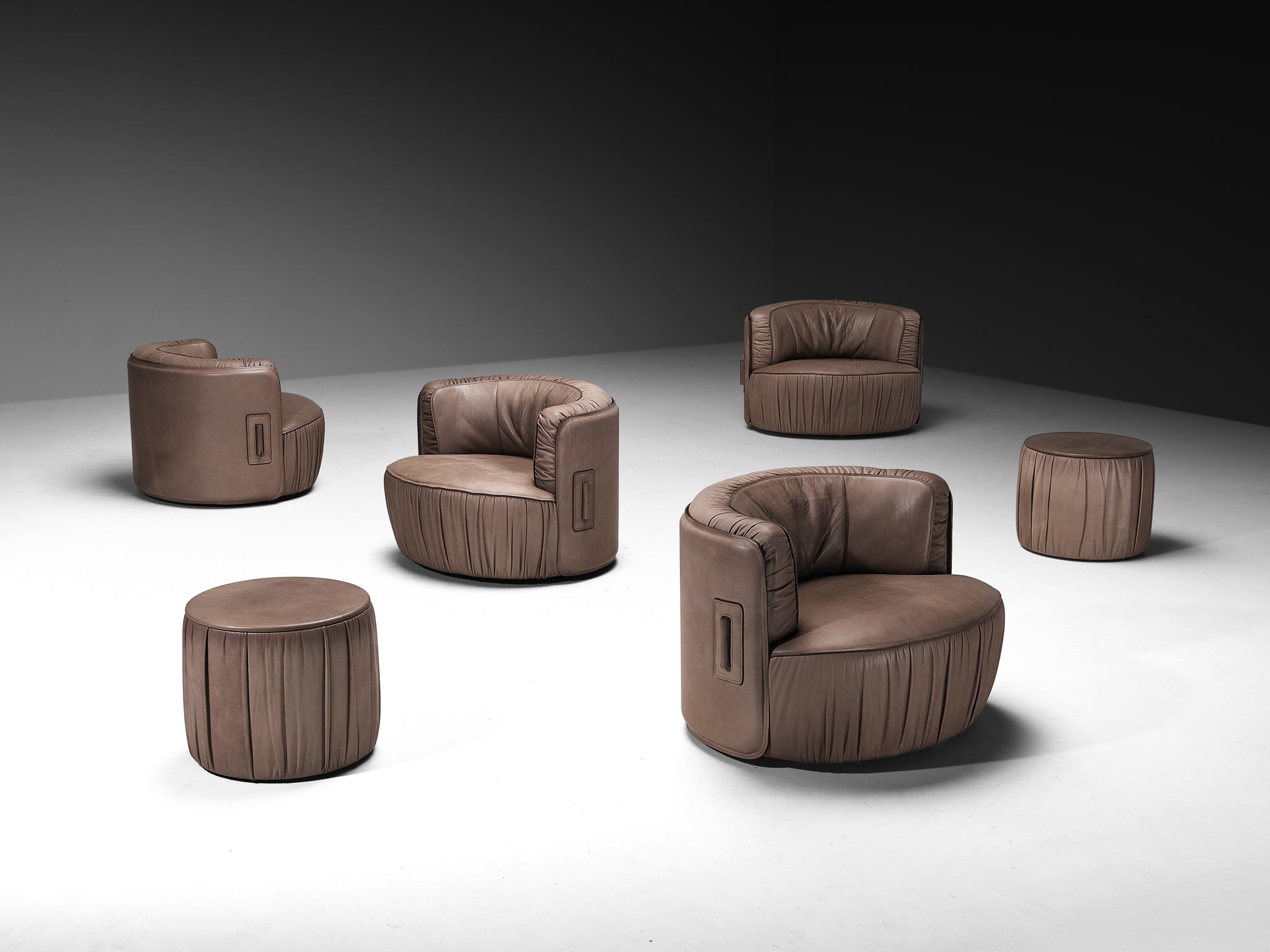 Swiss Postmodern Modular Lounge Set in Taupe Leather and Ottomans Seating Morentz