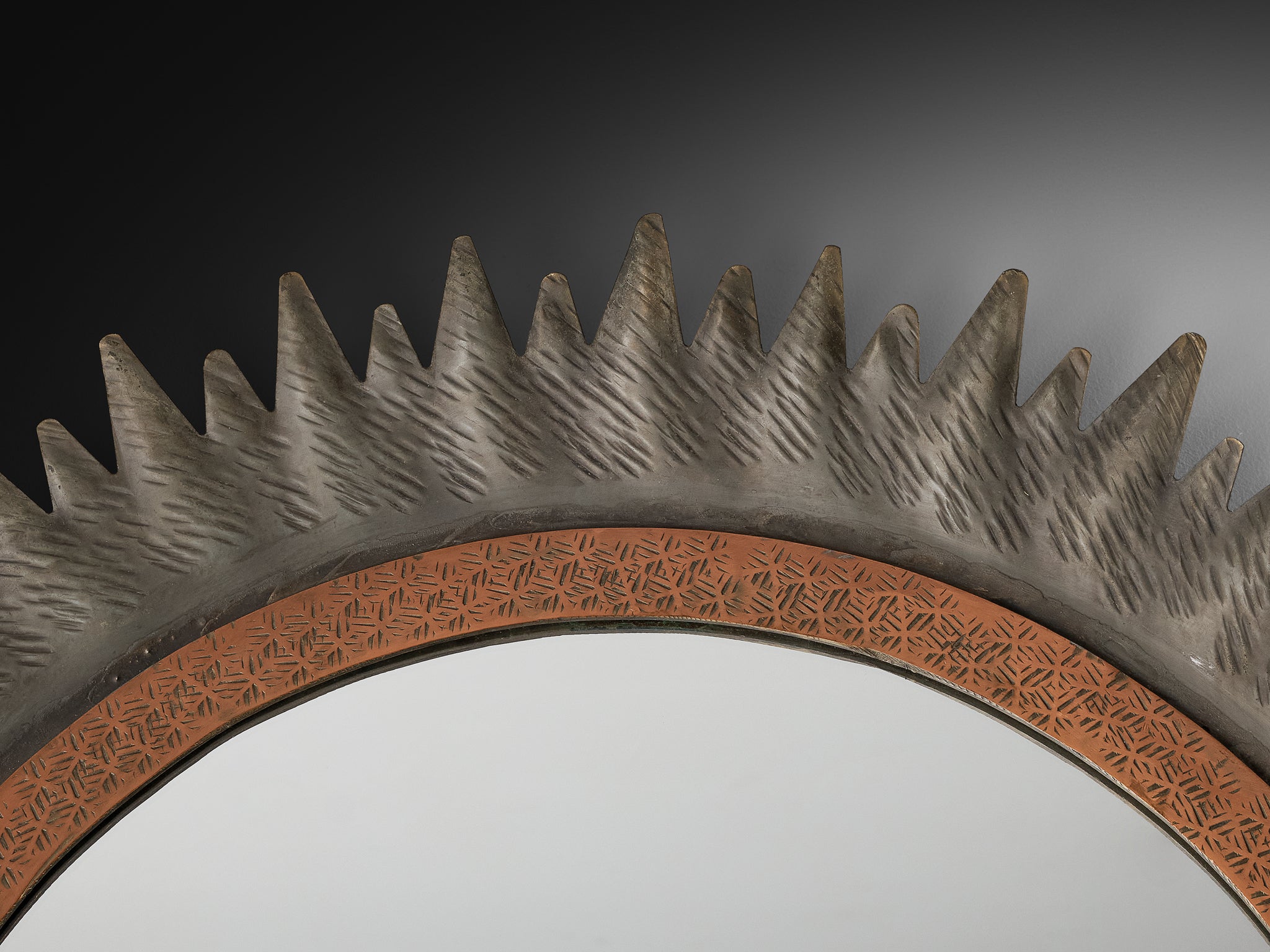 Italian Sunburst Mirror in Patinated Metal 1950s Mirrors Morentz