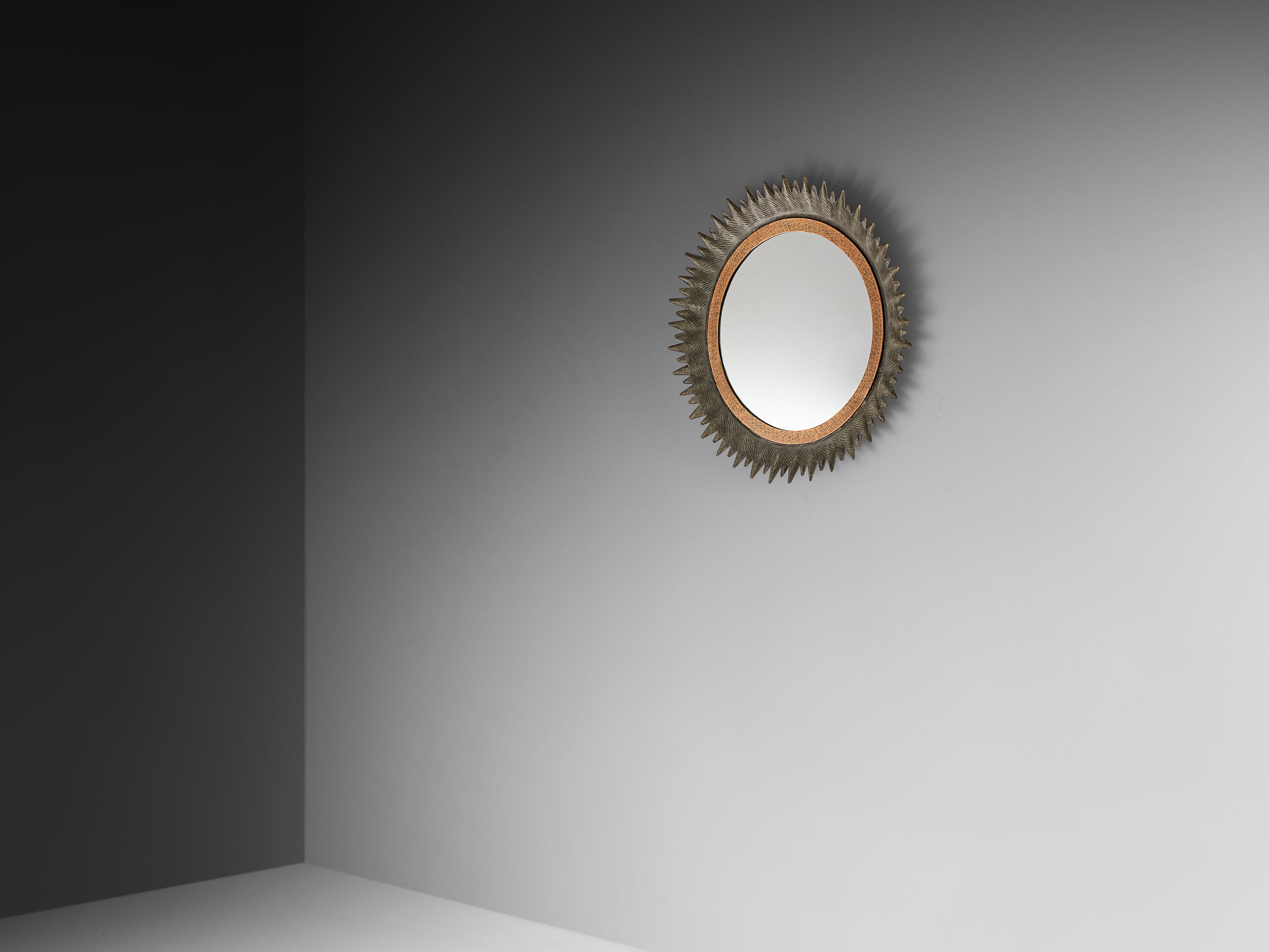 Italian Sunburst Mirror in Patinated Metal 1950s Mirrors Morentz