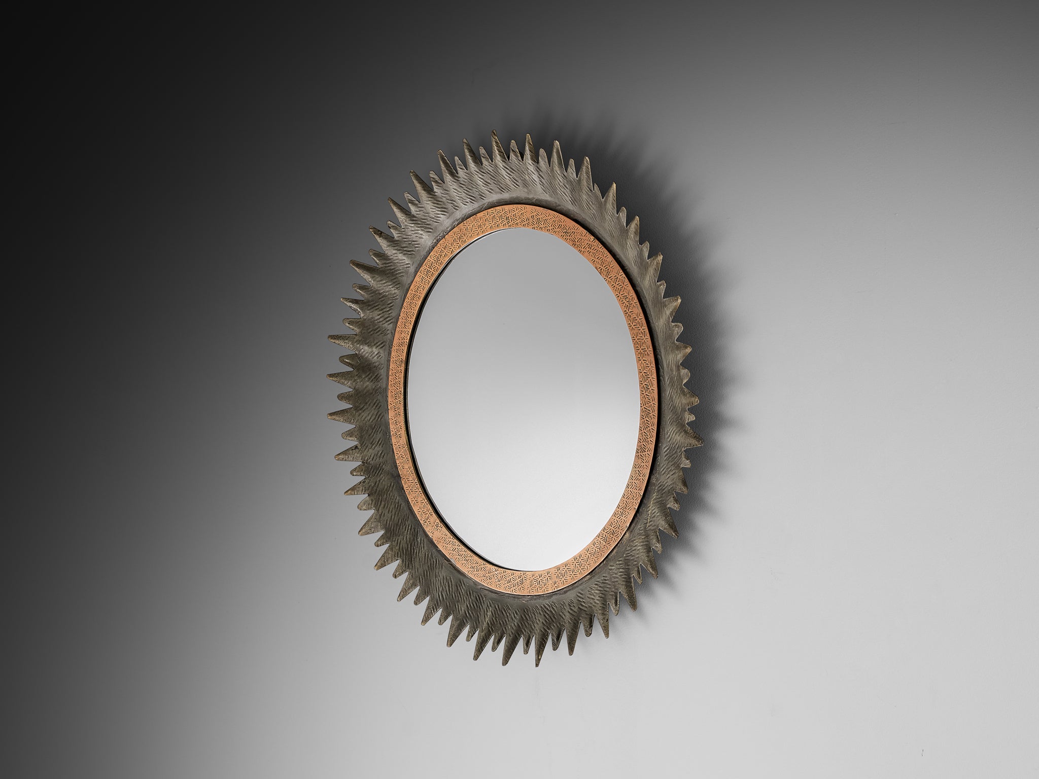Italian Sunburst Mirror in Patinated Metal 1950s Mirrors Morentz