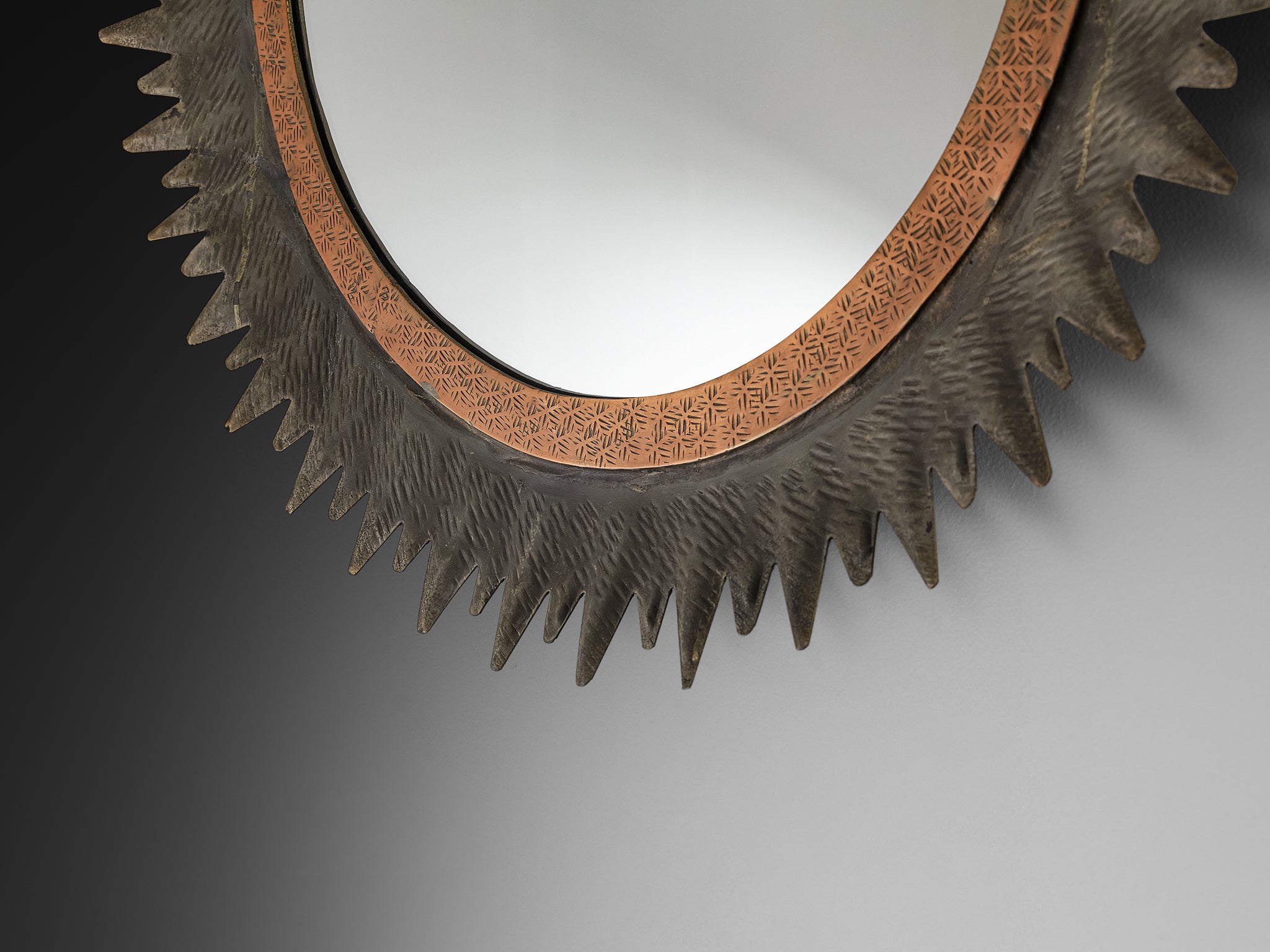 Italian Sunburst Mirror in Patinated Metal 1950s Mirrors Morentz