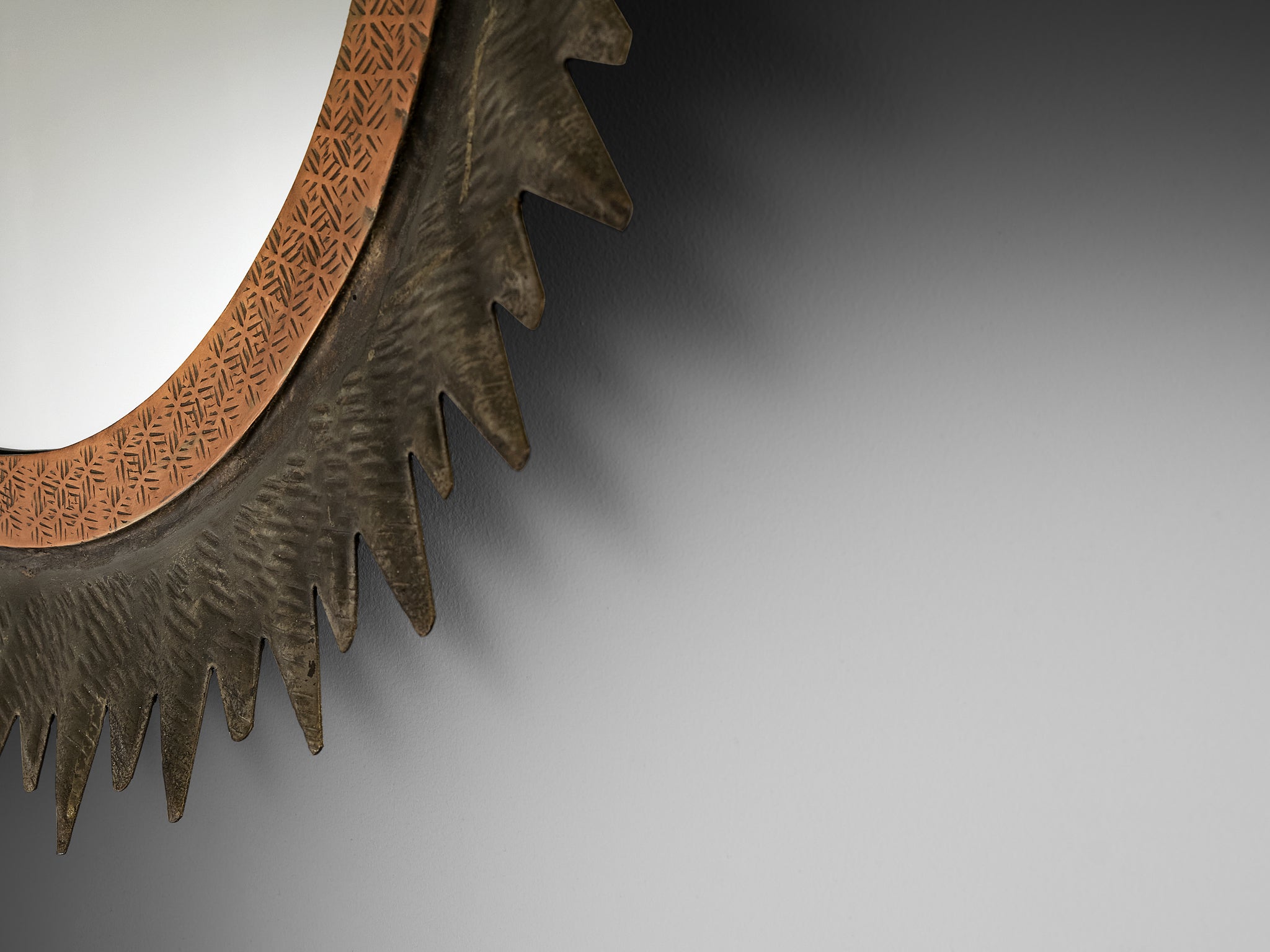 Italian Sunburst Mirror in Patinated Metal 1950s Mirrors Morentz