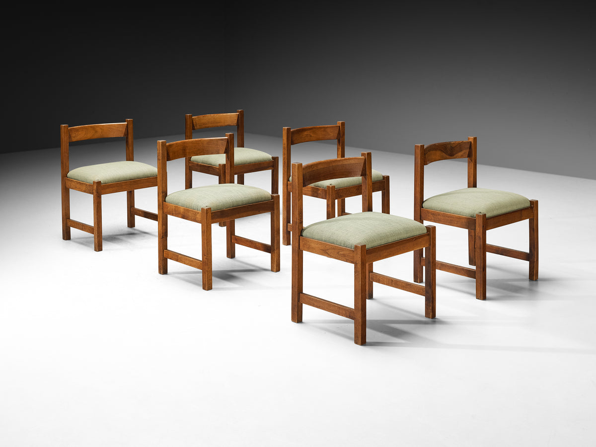 Giovanni Michelucci for Poltronova Set of Six Dining Chairs in Walnut and Green Fabric Seating Morentz