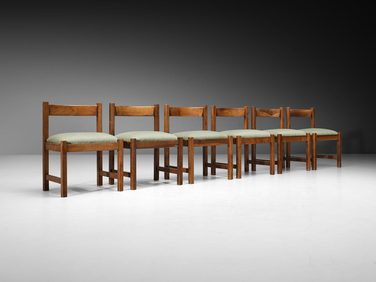 Giovanni Michelucci for Poltronova Set of Six Dining Chairs in Walnut and Green Fabric Seating Morentz