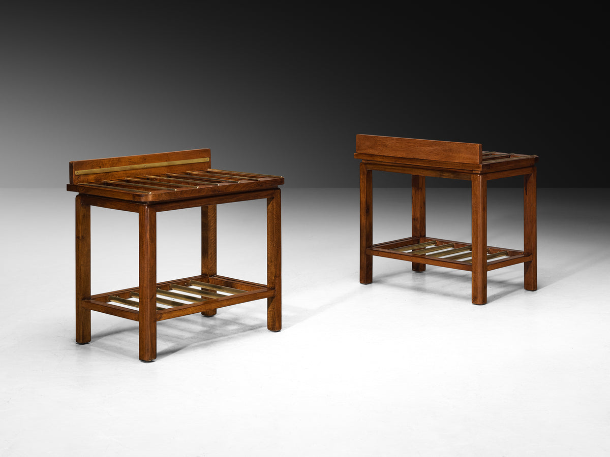 Mid-Century Italian Pair of Luggage Racks in Mahogany and Brass Tables Morentz