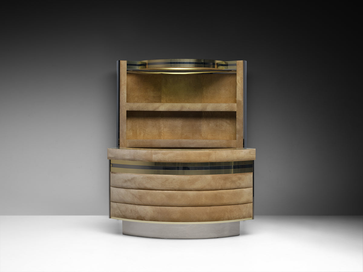 Italian Cocktail Bar in Beige Suede and Chrome in the Style of Willy Rizzo Case pieces and storage cabinets Morentz