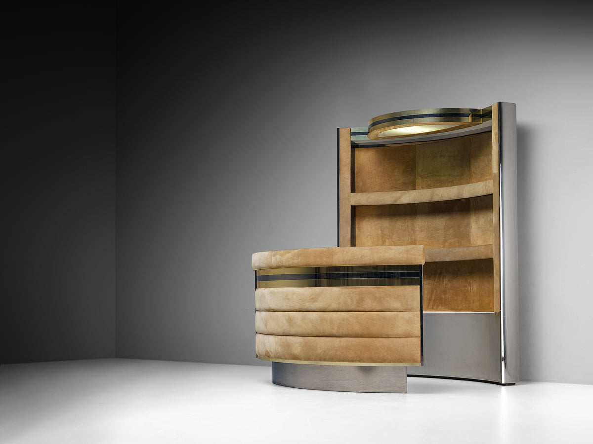 Italian Cocktail Bar in Beige Suede and Chrome in the Style of Willy Rizzo Case pieces and storage cabinets Morentz
