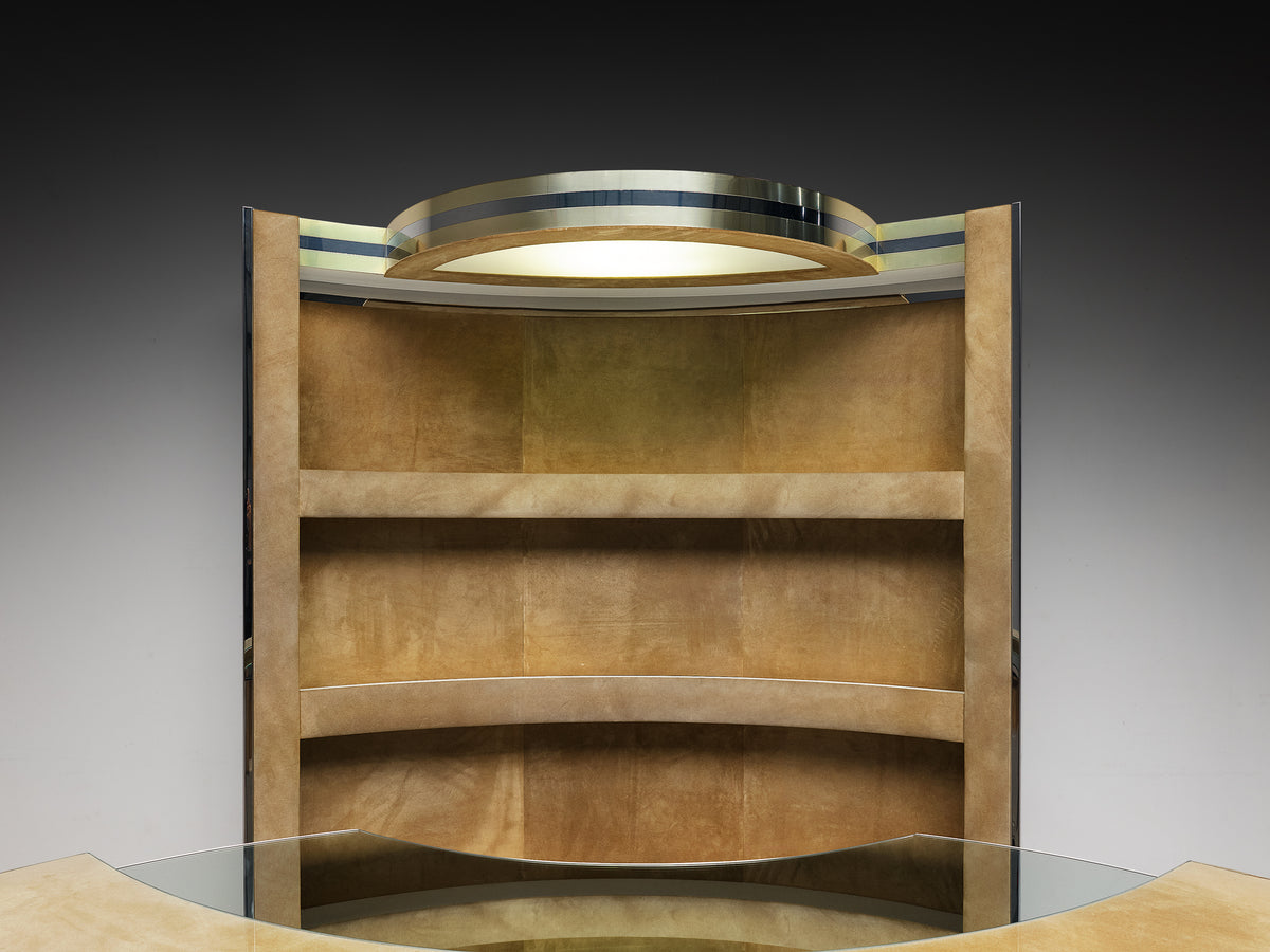 Italian Cocktail Bar in Beige Suede and Chrome in the Style of Willy Rizzo Case pieces and storage cabinets Morentz