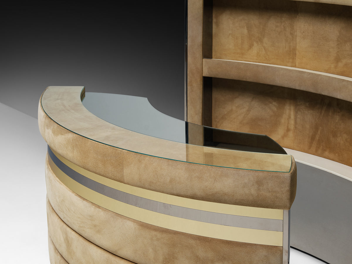 Italian Cocktail Bar in Beige Suede and Chrome in the Style of Willy Rizzo Case pieces and storage cabinets Morentz