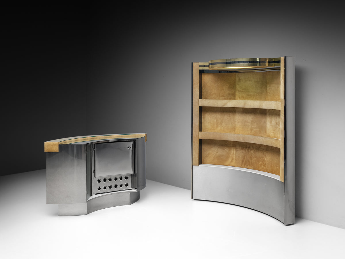 Italian Cocktail Bar in Beige Suede and Chrome in the Style of Willy Rizzo Case pieces and storage cabinets Morentz