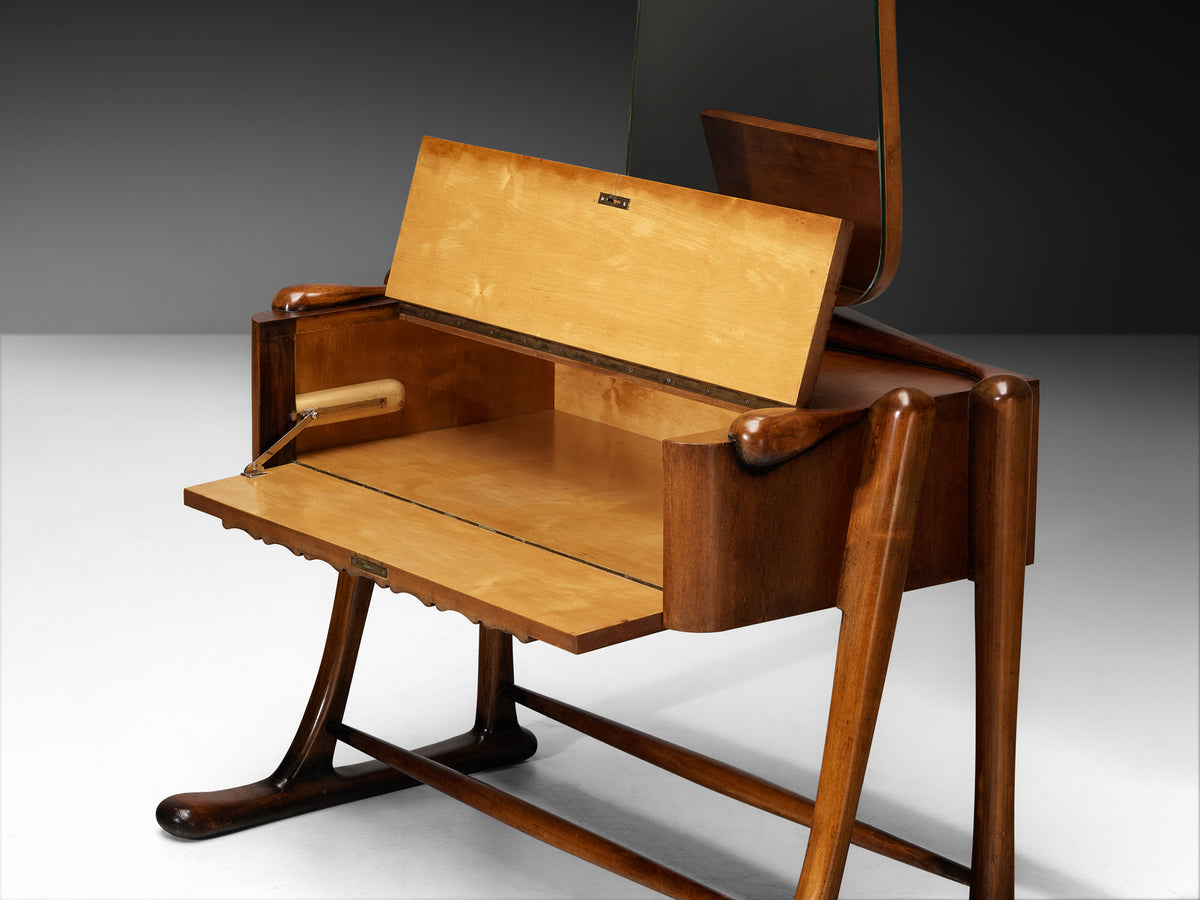 Sculptural Art Deco Vanity with Mirror and Matching Chair in Walnut and Glass Tables Morentz