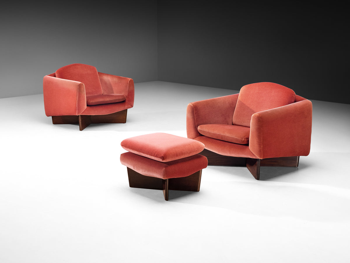 Pierre Guariche for Burov Pair of Monaco Lounge Chairs with Ottoman in Velvet Seating Morentz
