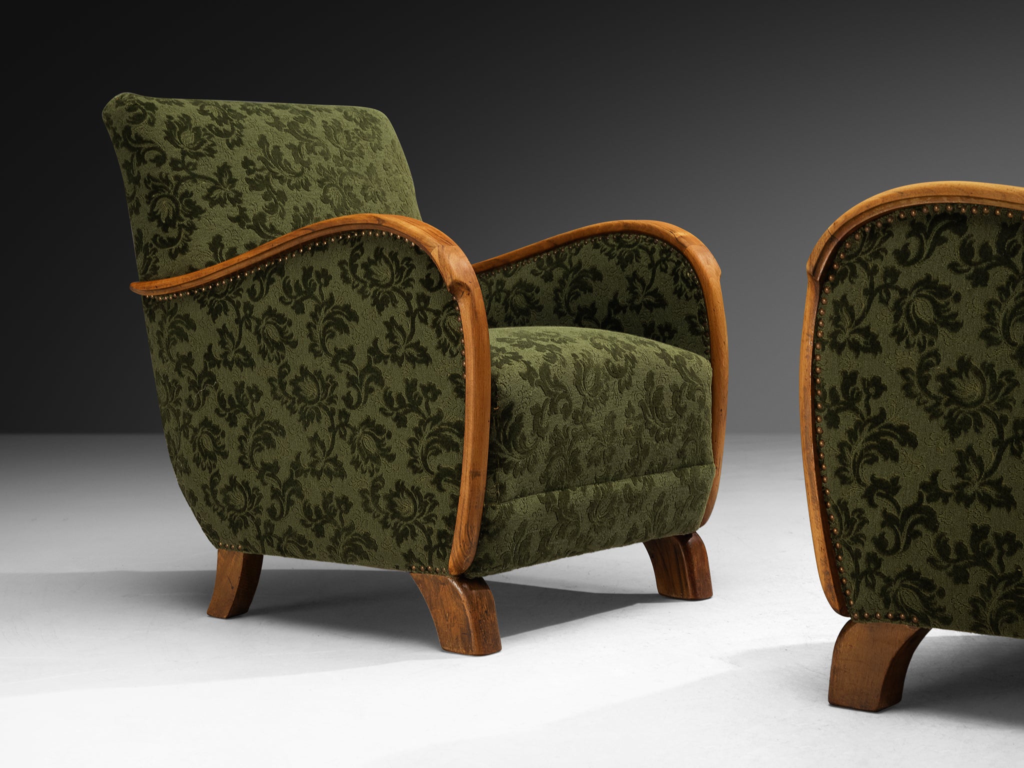 Pair of Art Deco Lounge Chairs in Green Floral Fabric and Walnut Wood Seating Morentz