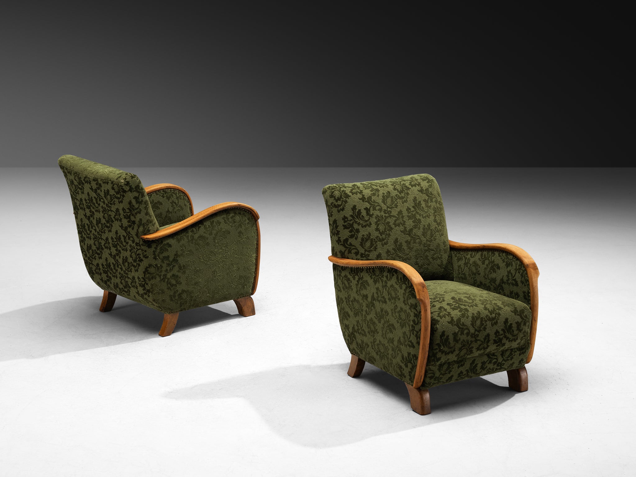 Pair of Art Deco Lounge Chairs in Green Floral Fabric and Walnut Wood Seating Morentz